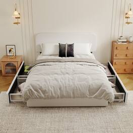 Brick Attic - Heavy Duty Wide Platform Bed Frame with Storage Drawers,Solid Wood Slat Support,Padded Headboard,RecessedAntiSlip Design - White