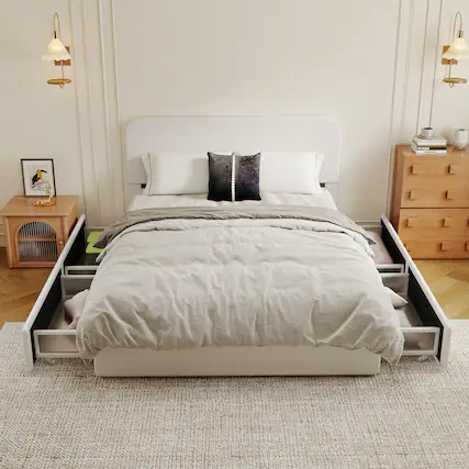 Front. Brick Attic - Heavy Duty Wide Platform Bed Frame with Storage Drawers,Solid Wood Slat Support,Padded Headboard,RecessedAntiSlip Design - White.