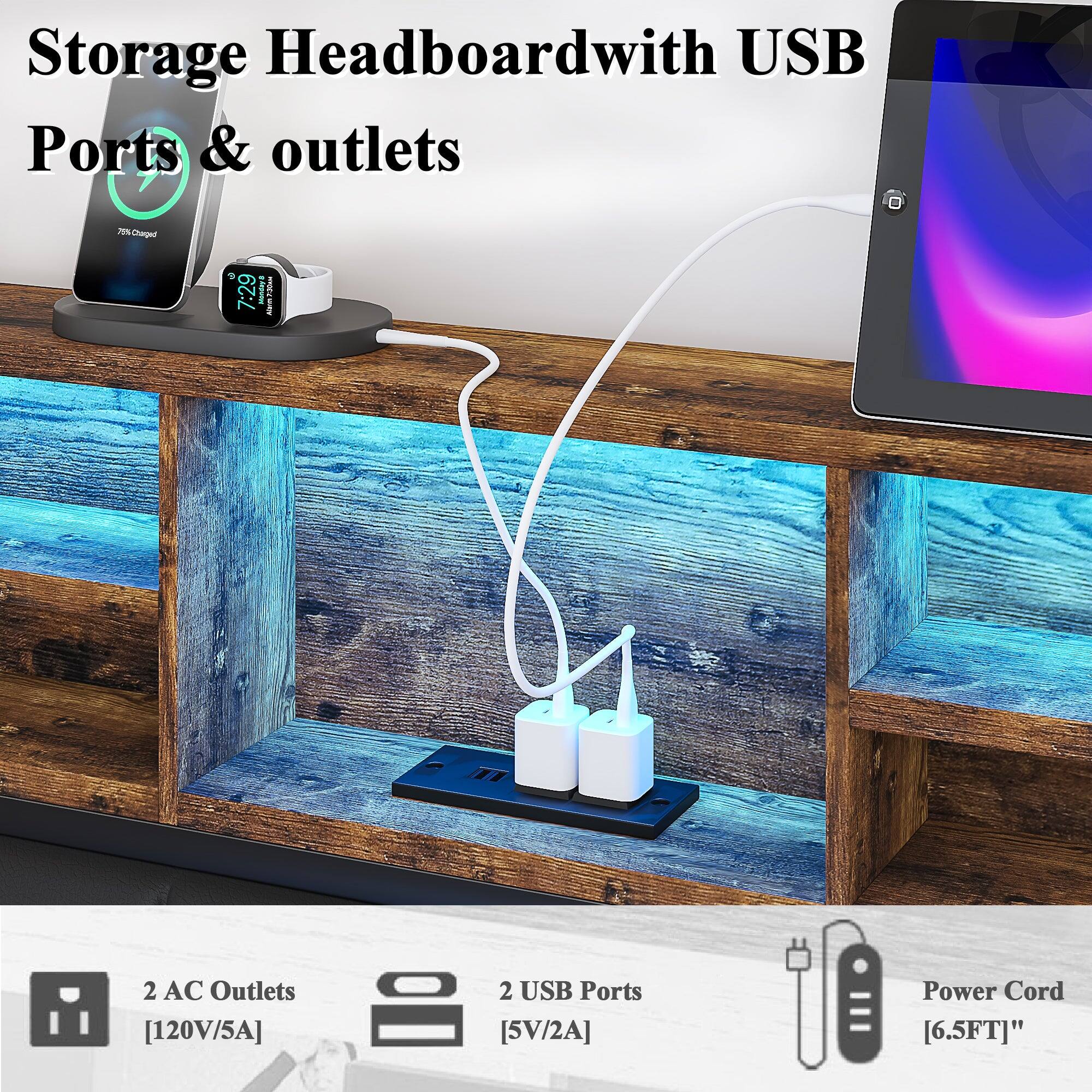 Storage Headboard with USB Ports & outlets

- 2 AC Outlets [120V/5A]
- 2 USB Ports [5V/2A]
- Power Cord [6.5FT]