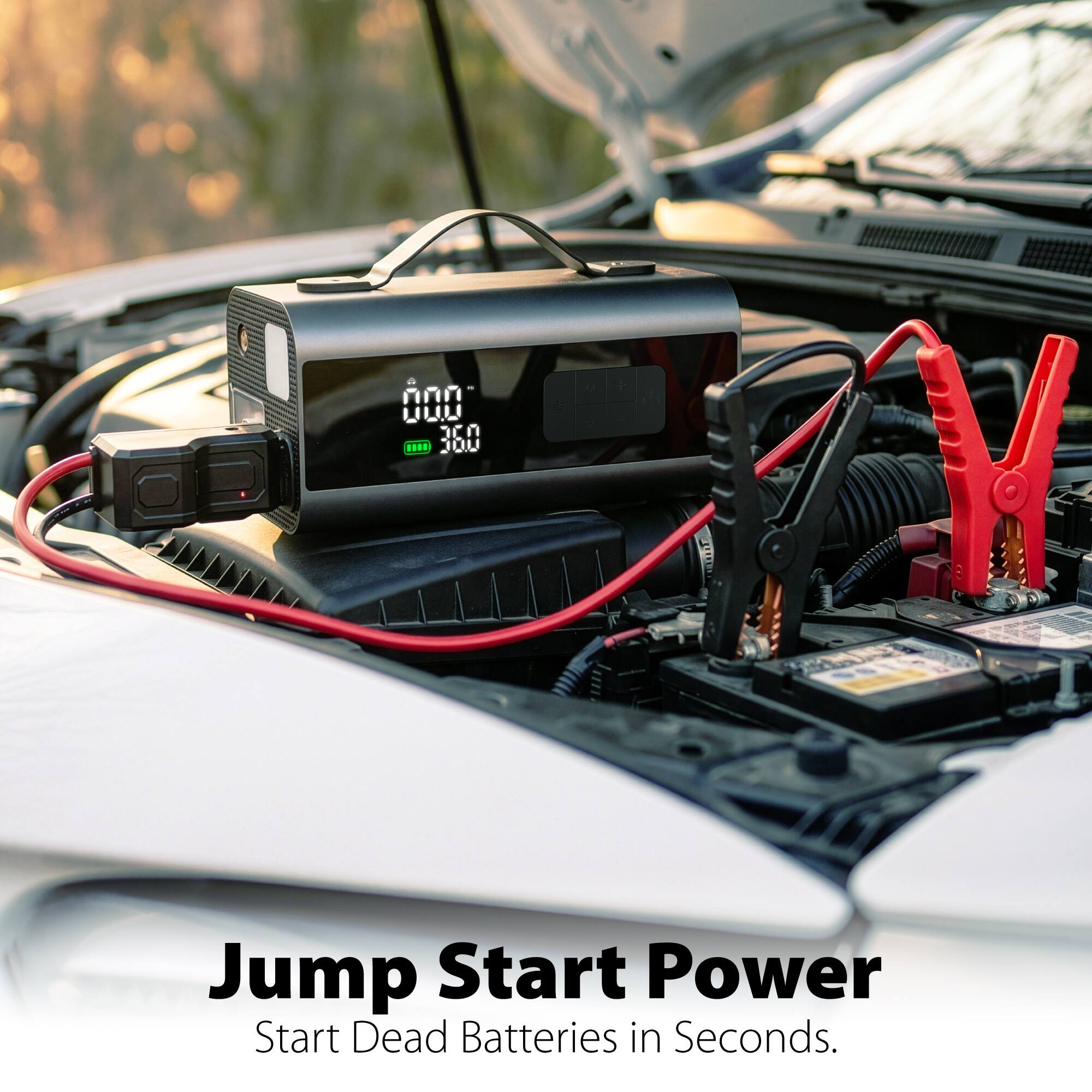 Jump Start Power  
Start Dead Batteries in Seconds.