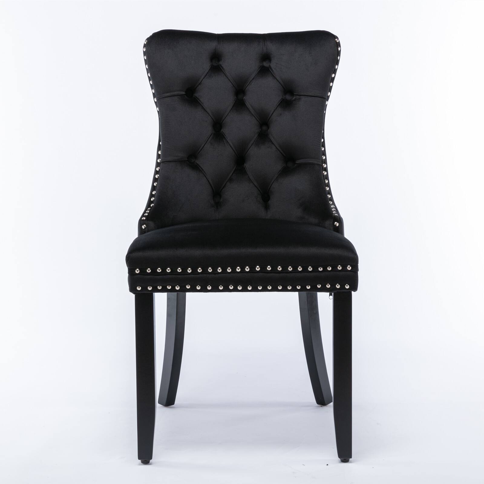 Alt View 2. Z-Edge - Velvet Dining Chairs Set of 2, Upholstered High-end Tufted Dining Room Chair with Nailhead Back Ring Pull Trim Wood Legs - Black.