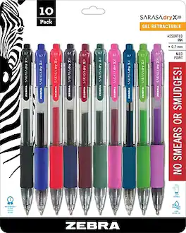 Zebra - Sarasa Dry X20 Retractable Gel Pen, Medium Point, 0.7mm, Assorted Ink, 10 Pack - Translucent