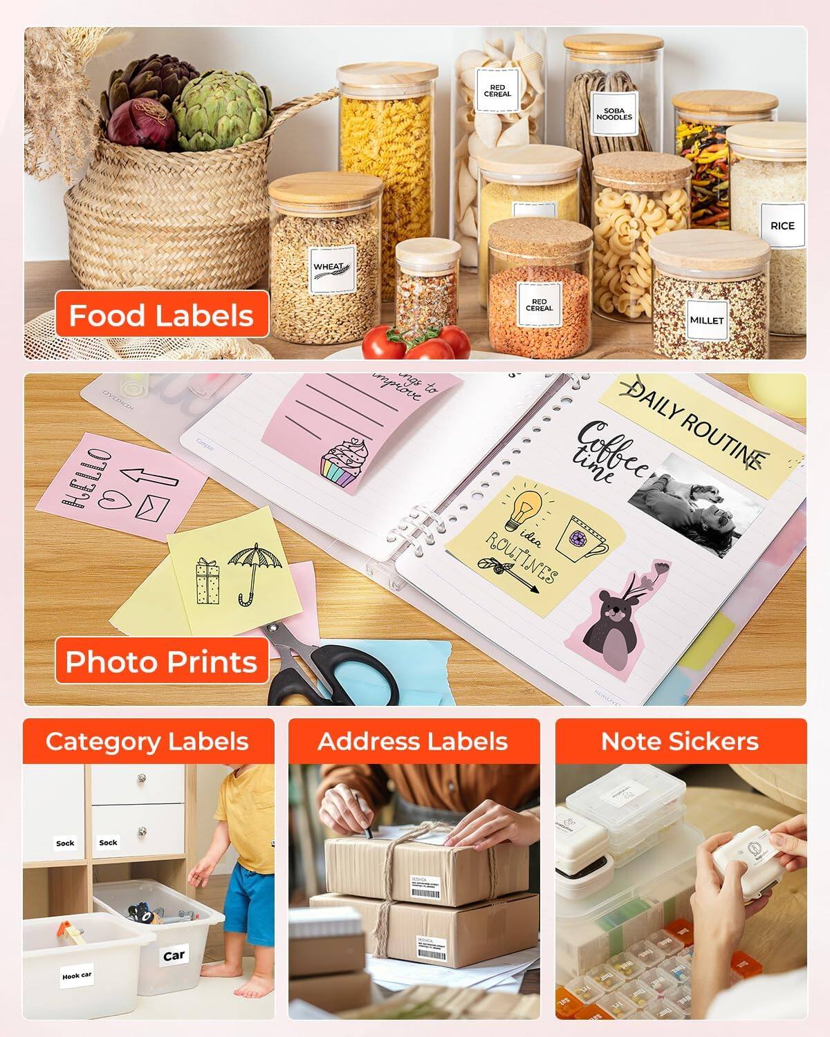 - Food Labels
  - WHEAT
  - RED CEREAL
  - SOBA NOODLES
  - RICE
  - MILLET

- Photo Prints
  - DAILY ROUTINE
  - Coffee time
  - idea ROUTINES

- Category Labels
  - Sock
  - Car

- Address Labels

- Note Stickers