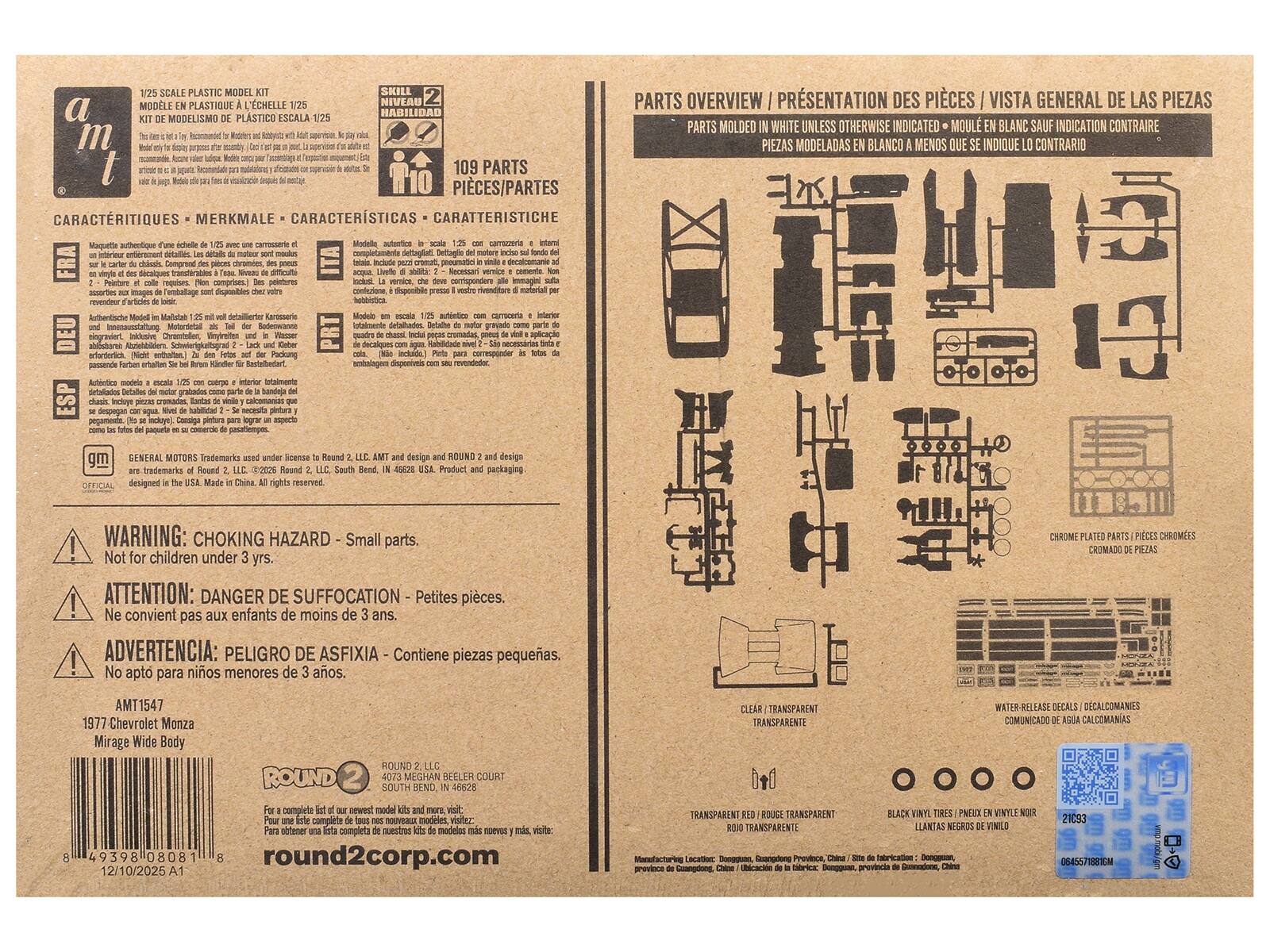 1/25 SCALE PLASTIC MODEL KIT  
MODELE EN PLASTIQUE 1/25  
KIT DE MODELISMO DE PLÁSTICO ESCALA 1/25  

NIVEAU  
HABILIDADE  
LEVEL  
NIVEL  
NIVEAU  

PARTS  
PARTS DES  
PIEZAS  
PIÈCES/PARTES  

109 PARTS  
109 PIECES/PARTES  

CARACTÉRISTIQUES  
MERKMALE  
CARACTERÍSTICAS  
CARATTERISTICHE  

Maquette authentique d'une aves - carrosserie et entièrement Les details motour sont moulum carter chaese. Compread chramoes des poeus vinyte et dais do cirticulte Peinture peintures images da  
Modelo auténtico de un auto - carrocería y totalmente los detalles motorizados están moldeados en cartón. Incluye adhesivos de colores y decalcomanías para pintura.  
Maquette authentique d'une voiture - carrosserie et entièrement les détails motorisés sont moulés en carton. Inclut