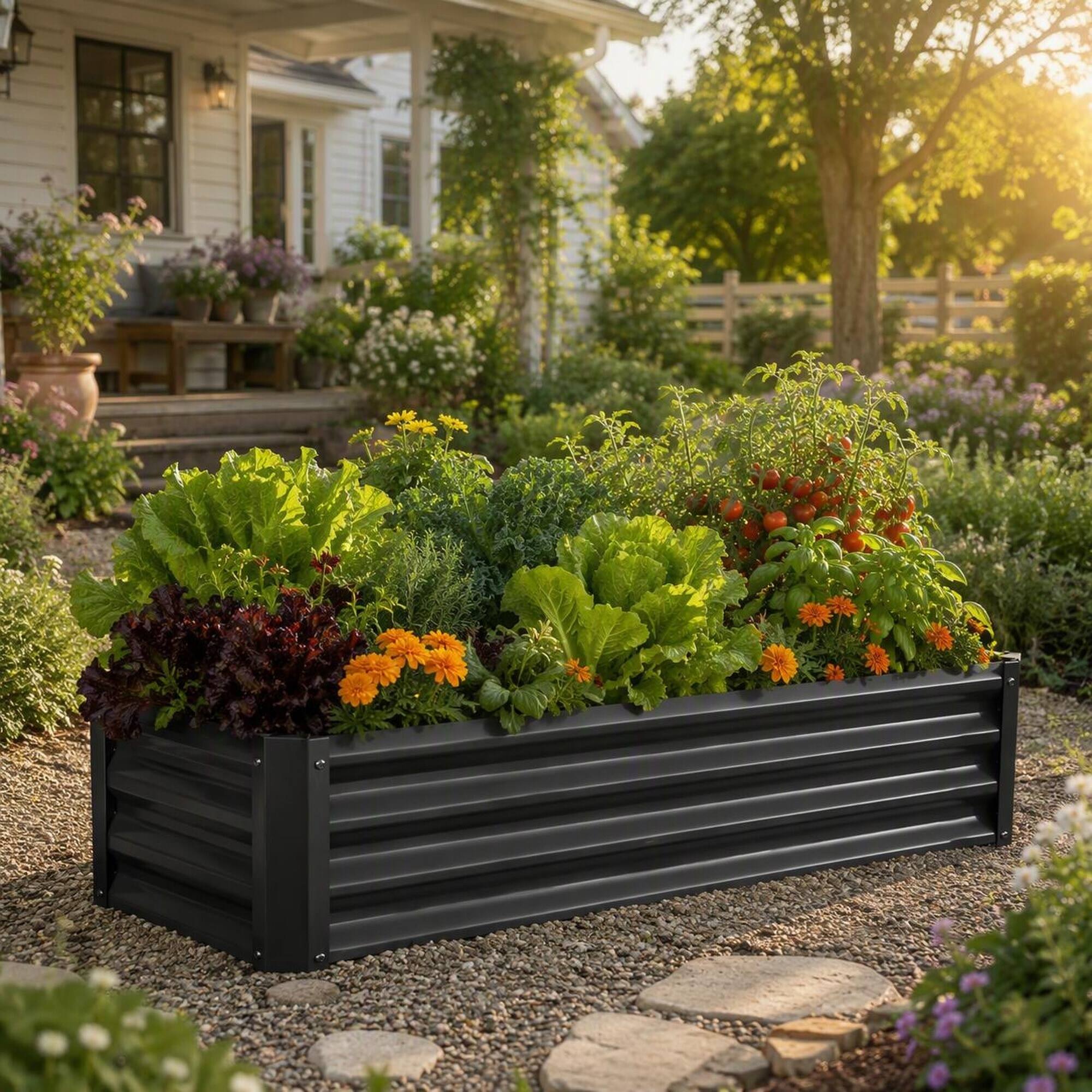 Left. RYHNUYNE - 2-Pack Black Metal Rectangular Raised Garden Beds 4x2x1 ft for Vegetables, Flowers and Herbs - Black.