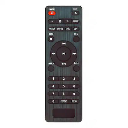 STANDBY
EJECT
SOURCE
PROGRAM SHUFFLE
LOUD DSP
INFO
MENU
TREBLE
BASS
1 2 3
4 5 6
7 8 9
0
REPEAT
REP.AB