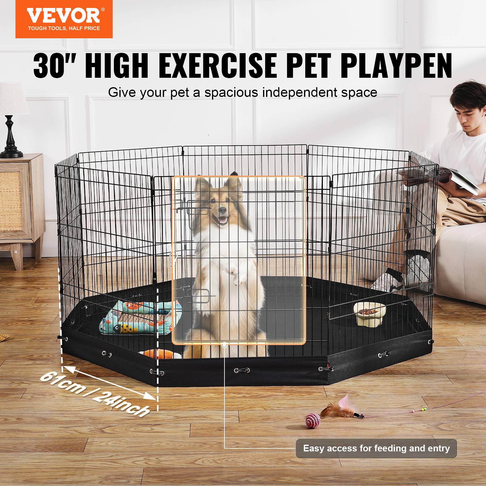 VEVOR TOUGH TOOLS. HALF PRICE 30" HIGH EXERCISE PET PLAYPEN. Give your pet a spacious independent space. 61cm / 24inch. Easy access for feeding and entry.