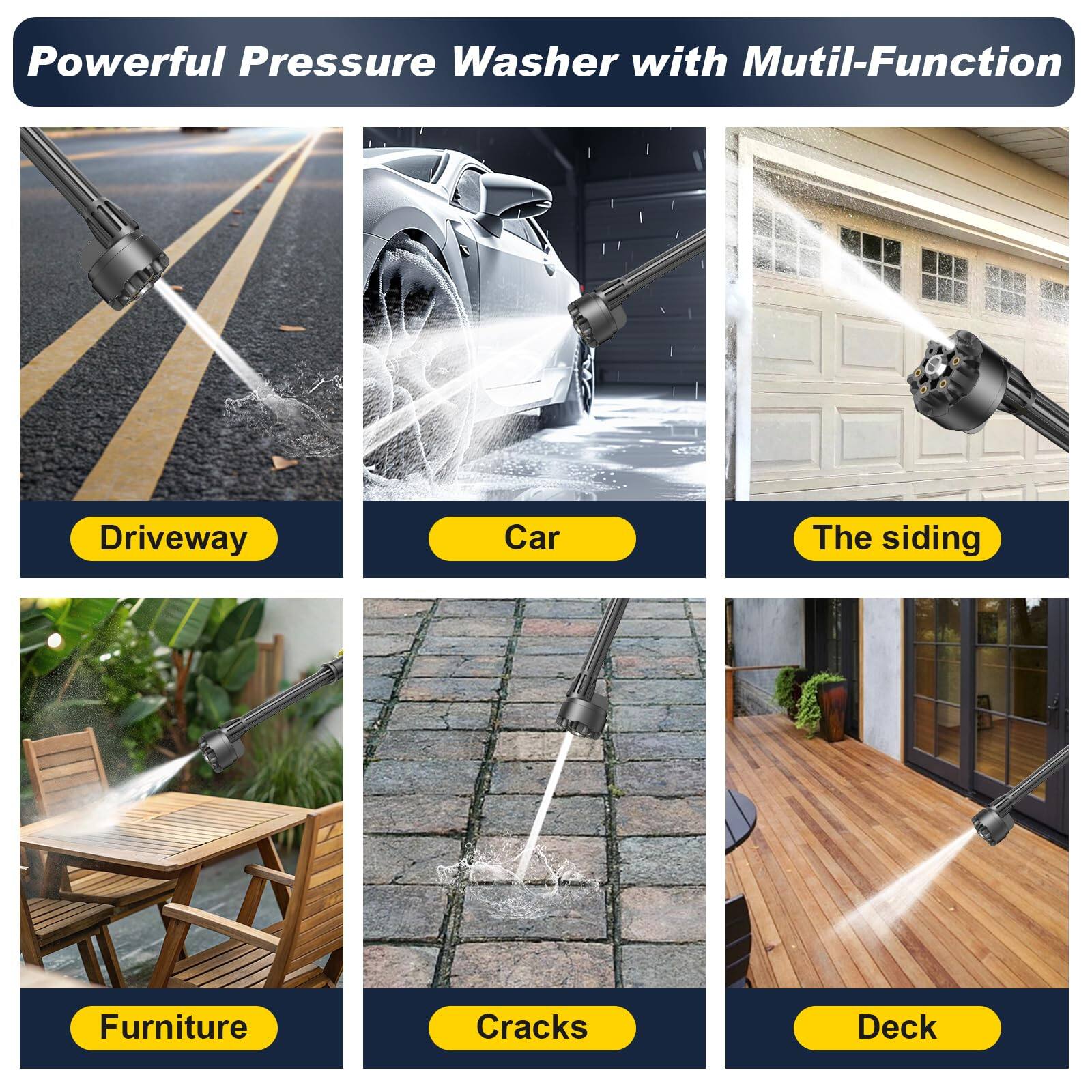 Powerful Pressure Washer with Multi-Function

- Driveway
- Car
- The siding
- Furniture
- Cracks
- Deck