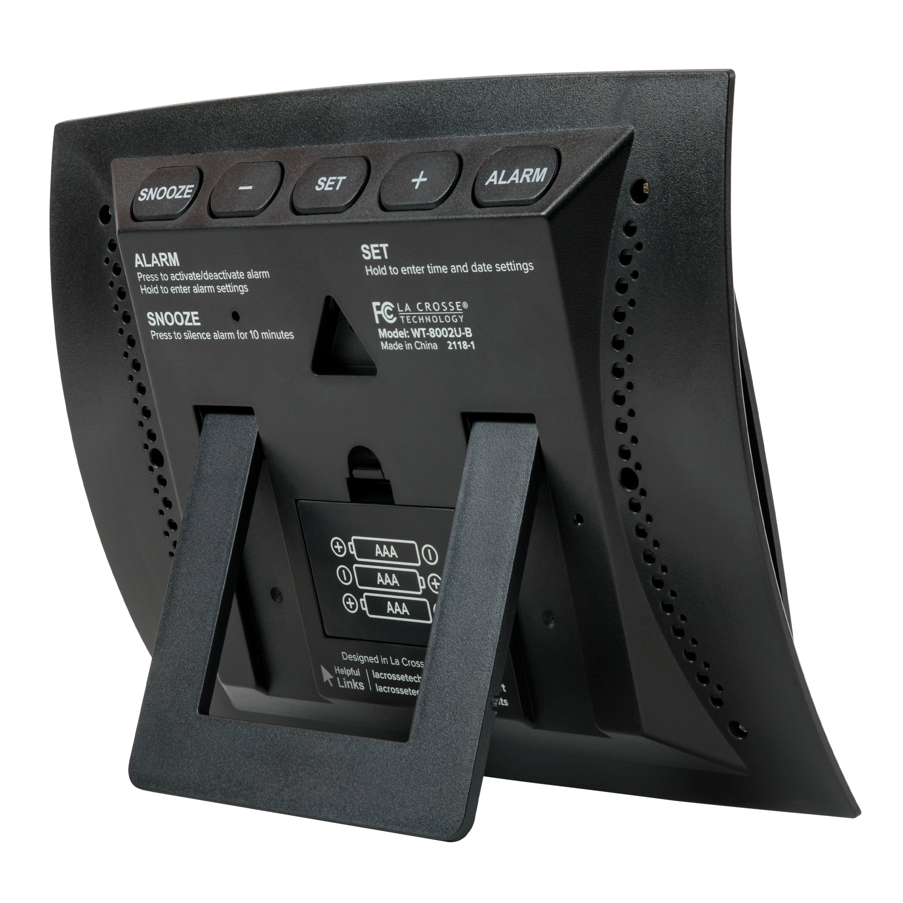 **SNOOZE**  
Press to silence alarm for 10 minutes

**ALARM**  
Press to activate/deactivate alarm  
Hold to enter alarm settings

**SET**  
Hold to enter time and date settings

---

**LA CROSSE TECHNOLOGY**  
Model: WT-8002U-B  
Made in China 2118-1

**Designed in La Crosse**  
Helpful | lacrossetech  
Links | lacrossetech

---

**AAA AAA AAA**