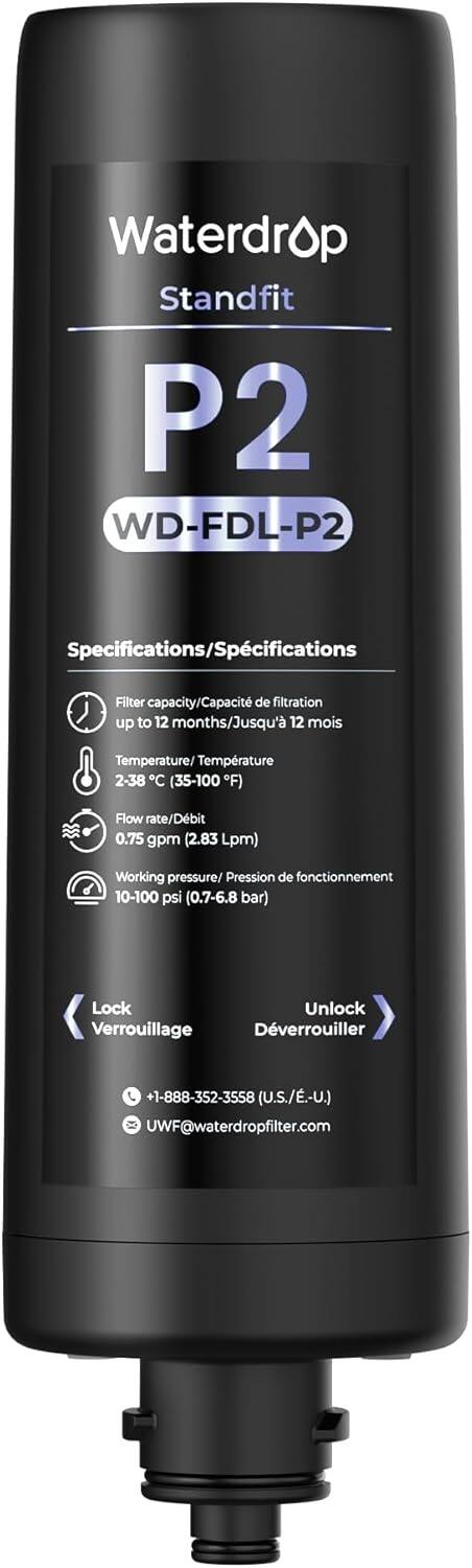 Waterdrop Standfit P2 WD-FDL-P2 Specifications/Spcifications Filter capacity/Capacit de filtration up to 12 months/Jusqu' 12 mois Temperature/ Temprature 2-38 C (35-100 "F) Flow rate/Dbit 0.75 gpm (2.83 Lpm) Working pressure/ Pression de fonctionnement 10-100 psi (0.7-6.8 bar) Lock Unlock Verrouillage Dverrouiller +1-888-352-3558 (U.S./.-U.) UWF@waterdropfilter.com