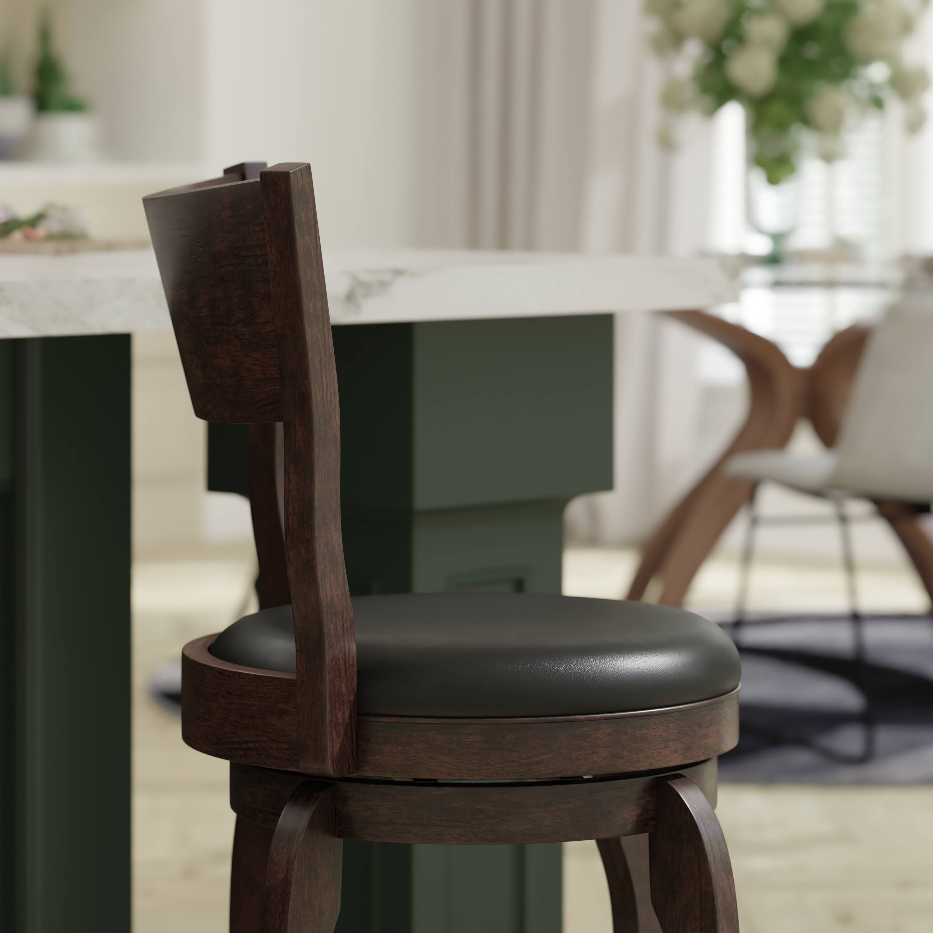 Alt View 3. Emma + Oliver - Cale Classic Pub Style Swivel Wooden Barstool with Padded Faux Leather Seat - Black Vinyl/Espresso Frame.