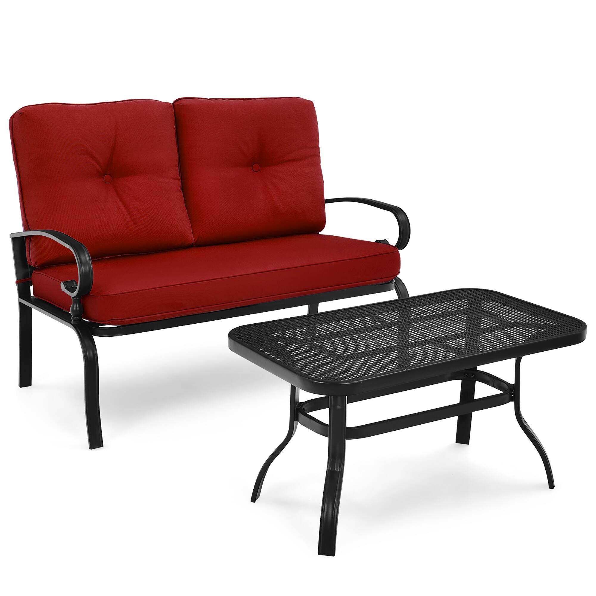 Costway - 2PCS Patio Loveseat Bench Table Furniture Set Cushioned Chair - Red