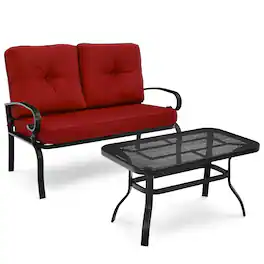 Costway - 2PCS Patio Loveseat Bench Table Furniture Set Cushioned Chair - Red