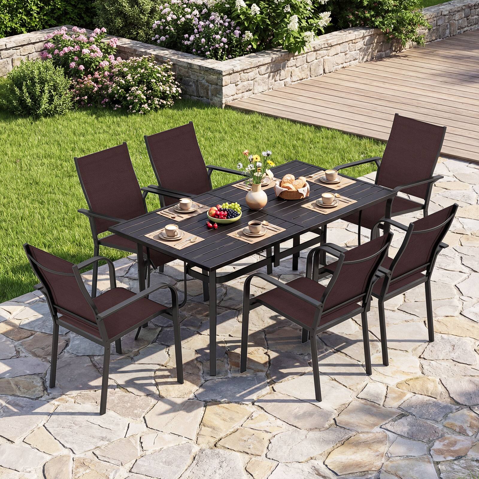 Alt View 1. Gymax - Gymax 7PCS Patio Dining Set for 6 Metal Table w/Umbrella Hole & 6 Stackable Armchairs Coffee & Black - Black.