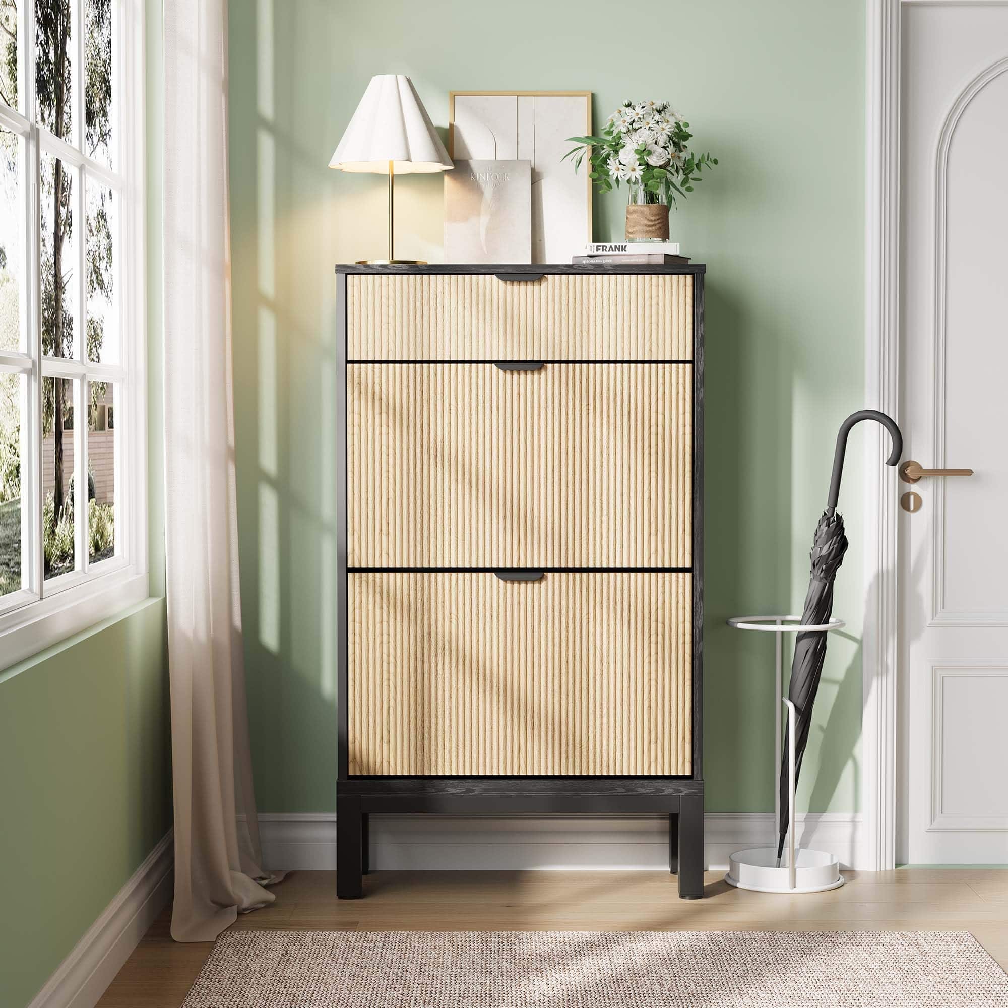 Babevy - Shoe Storage Cabinet with 2 Flip Drawers, Farmhouse Fluted Shoe Organizer with Metal Legs - Black+Oak