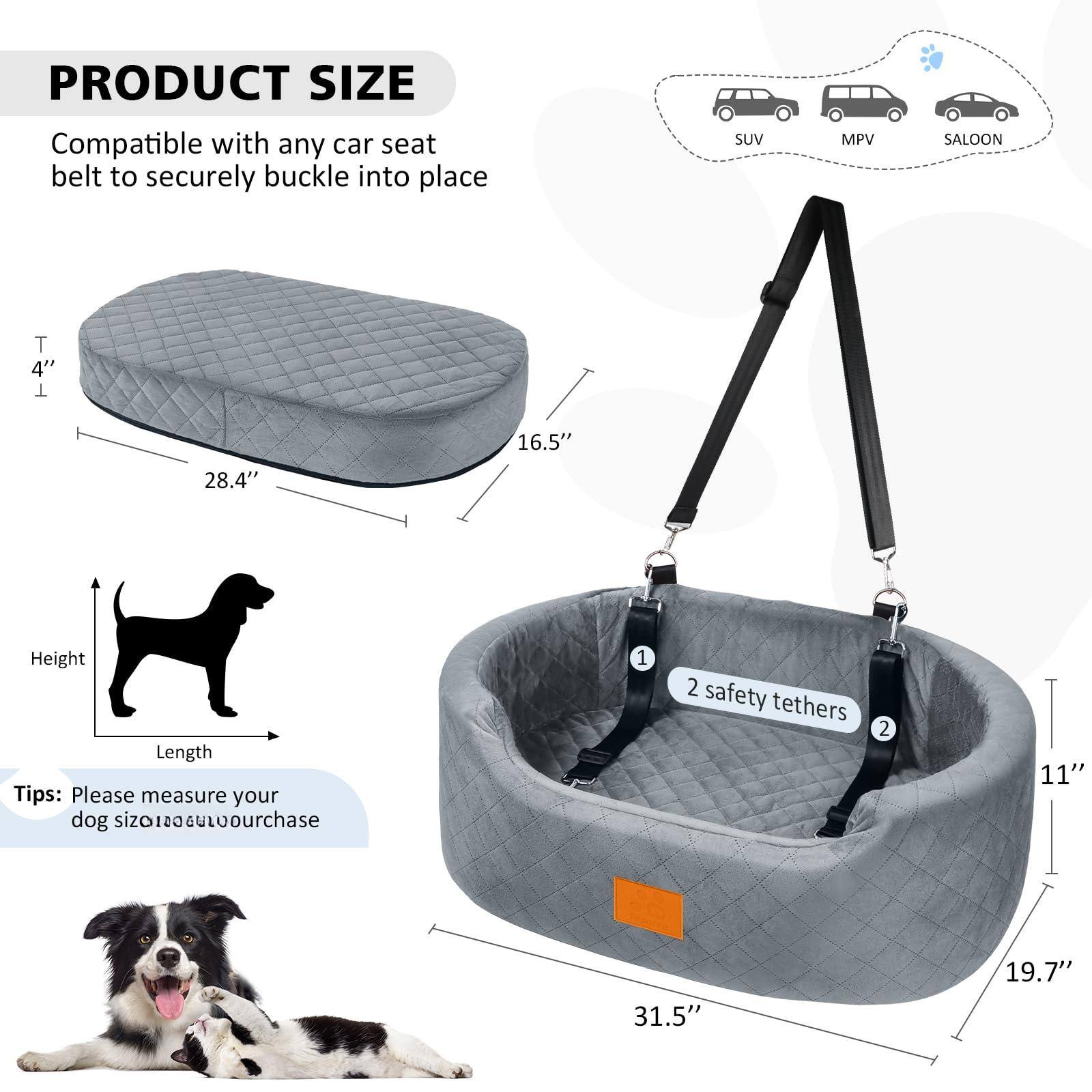 **PRODUCT SIZE**

Compatible with any car seat belt to securely buckle into place

- SUV
- MPV
- SALOON

**Dimensions:**
- Height: 4"
- Length: 28.4"
- Width: 16.5"

**Tips:**
Please measure your dog size before purchase

**Safety Tethers:**
1. 11"
2. 19.7"

**Overall Dimensions:**
- Length: 31.5"