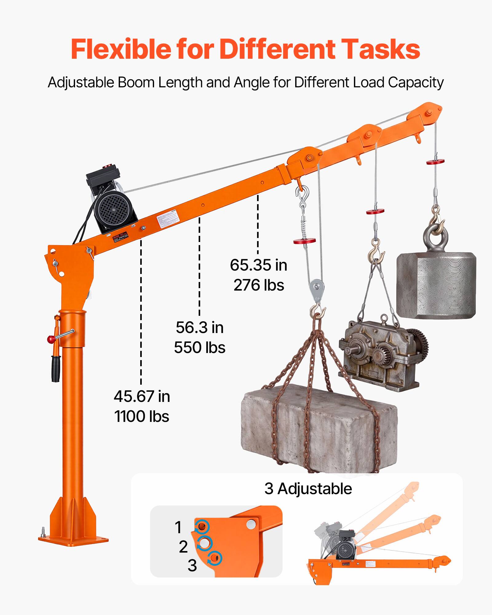 Flexible for Different Tasks  
Adjustable Boom Length and Angle for Different Load Capacity  

65.35 in - 276 lbs  
56.3 in - 550 lbs  
45.67 in - 1100 lbs  

3 Adjustable  
1 2 3