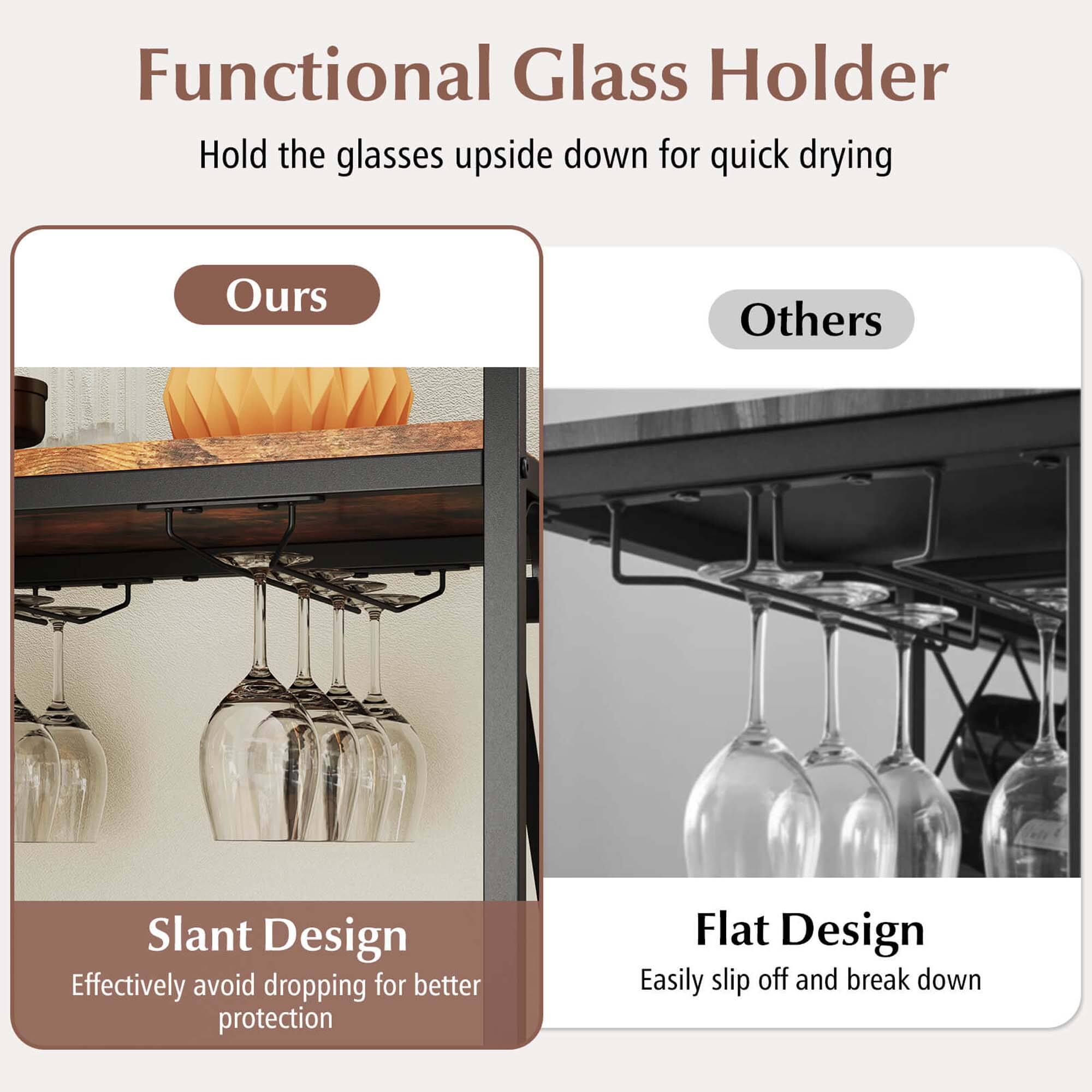 Functional Glass Holder
Hold the glasses upside down for quick drying

Ours
Slant Design
Effectively avoid dropping for better protection

Others
Flat Design
Easily slip off and break down