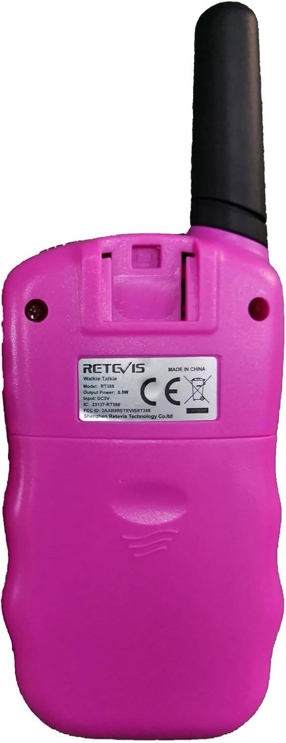 RETEVIS MADE IN CHINA  
Walkie Talkie  
Model: RT388  
Output Power: 0.5W  
Input: DC5V  
CE FCC  
ID: AARBRETEVISRT388  
Shenzhen Retevis Technology Co. Ltd