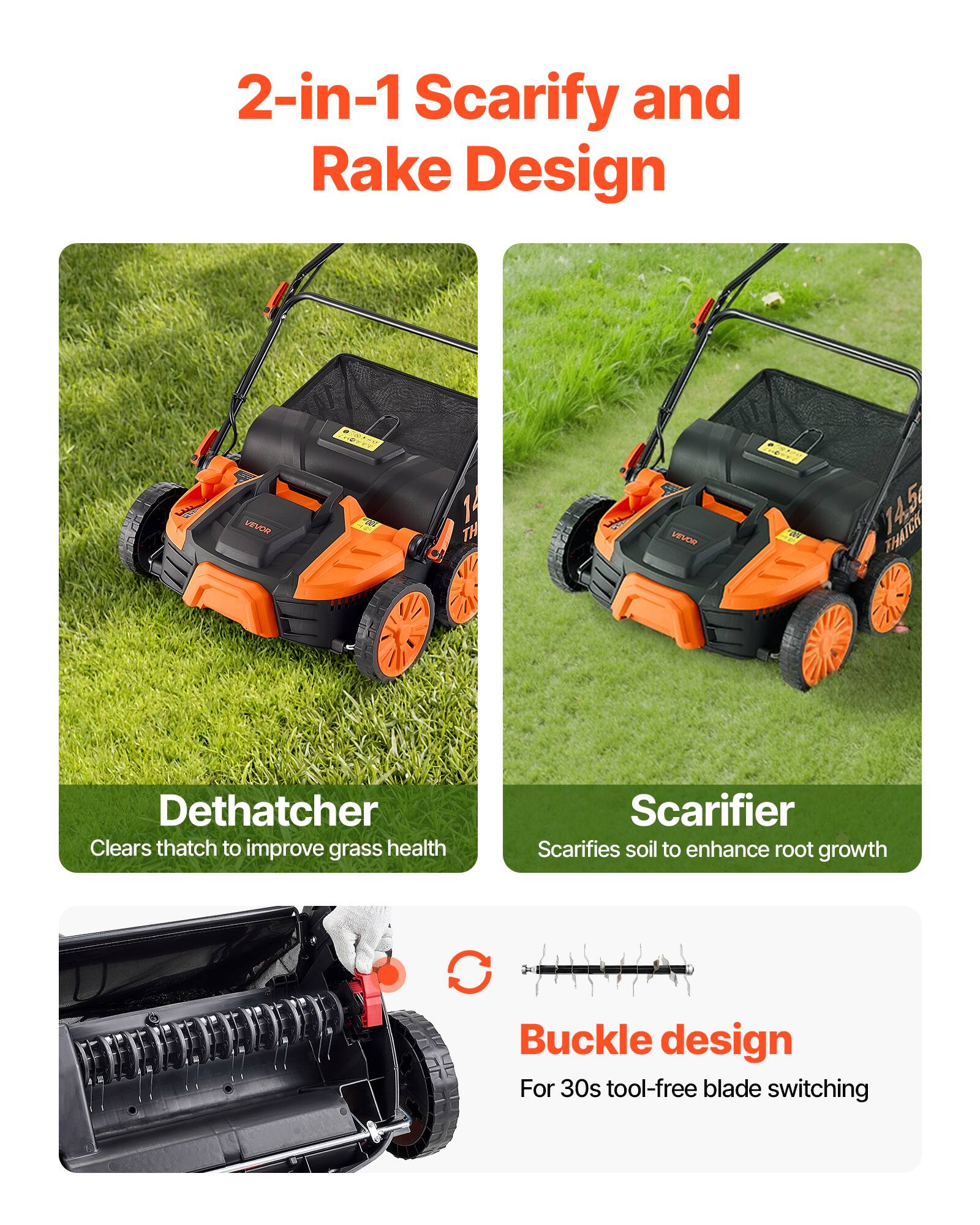 2-in-1 Scarify and Rake Design

VEVORI

14.5 THATCH

Dethatcher Clears thatch to improve grass health

Scarifier Scarifies soil to enhance root growth

Buckle design For 30s tool-free blade switching