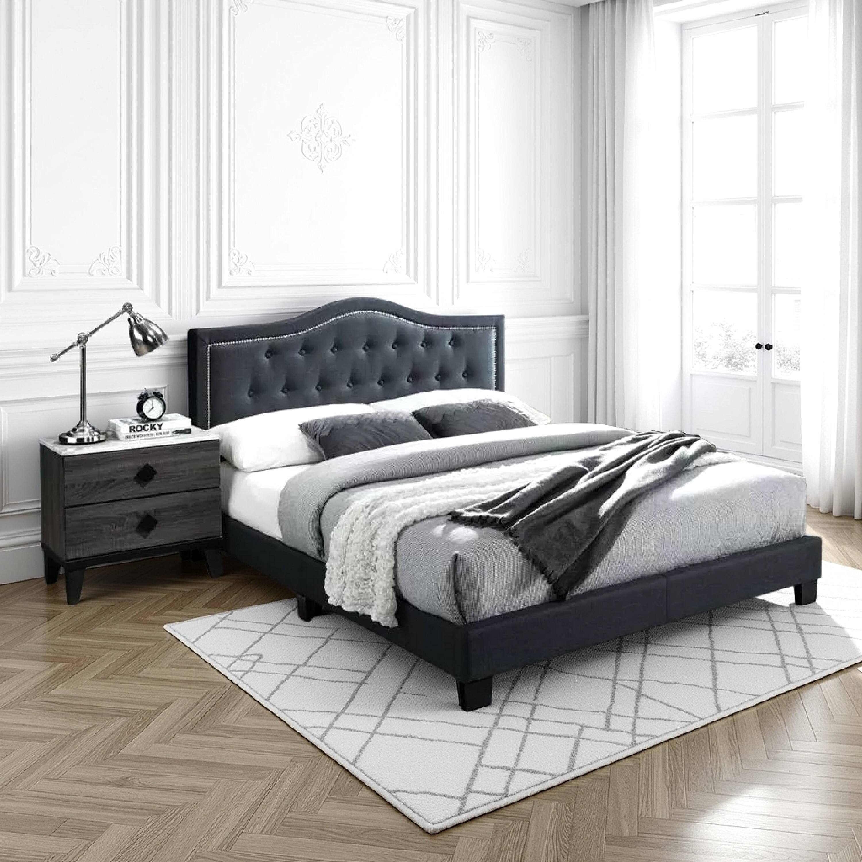 Alt View 5. Manhattan Lane - Button Tufted Queen Burlap Bed with Curved Headboard - Gray.
