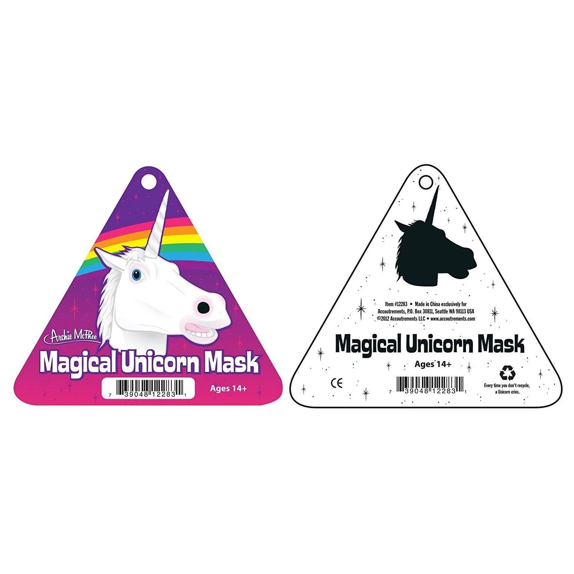 Archie McPhee  
Magical Unicorn Mask  
Ages 14+  

Item #12283  
Made in China exclusively for  
Accoutrements, PO Box 3081, Seattle WA 98133 USA  
©2012 Accoutrements LLC - www.accoutrements.com  

Magical Unicorn Mask  
Ages 14+  

CE  
Everything you don't need,  
a billion times.