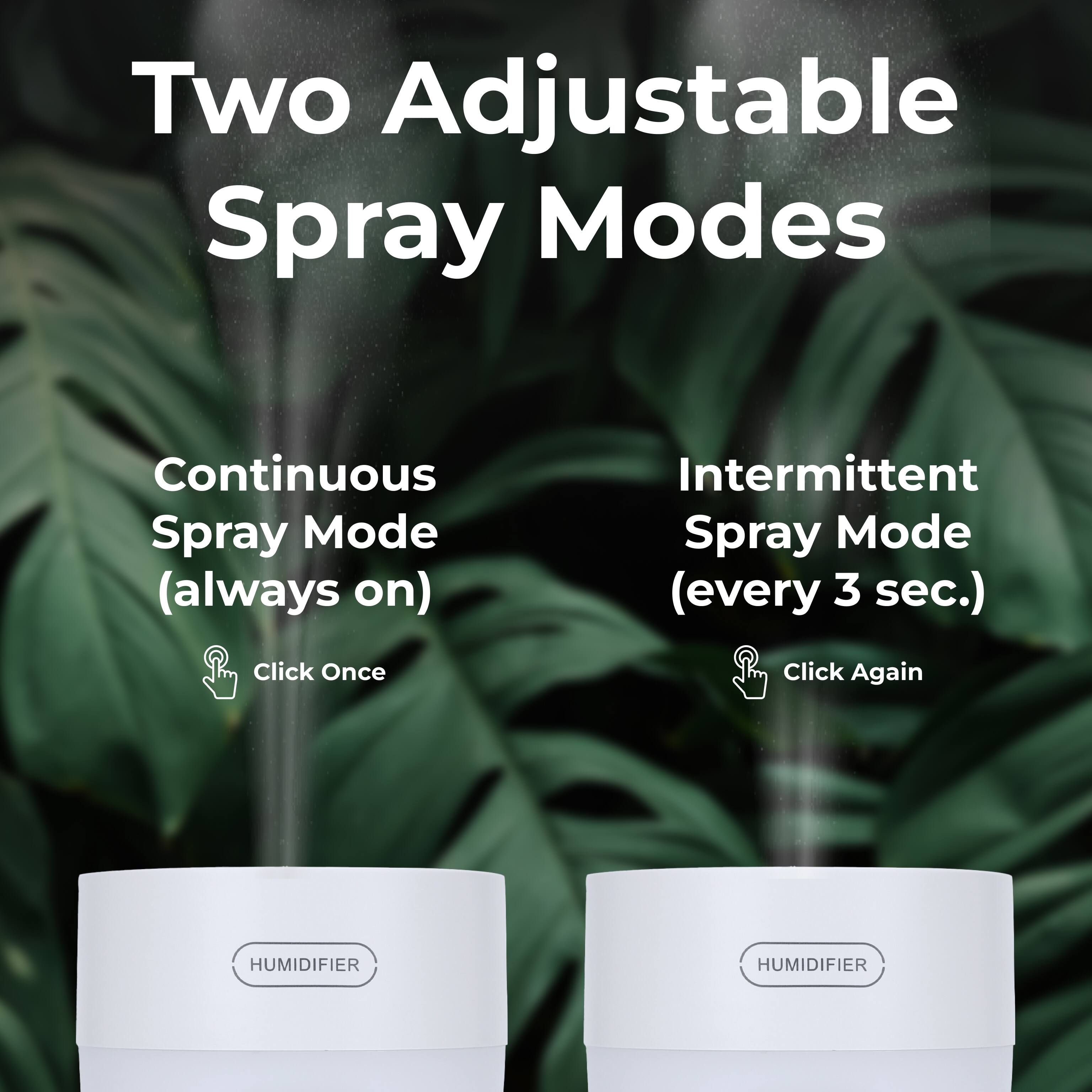 Two Adjustable Spray Modes
Continuous Spray Mode (always on) Click Once
Intermittent Spray Mode (every 3 sec.) Click Again
HUMIDIFIER HUMIDIFIER