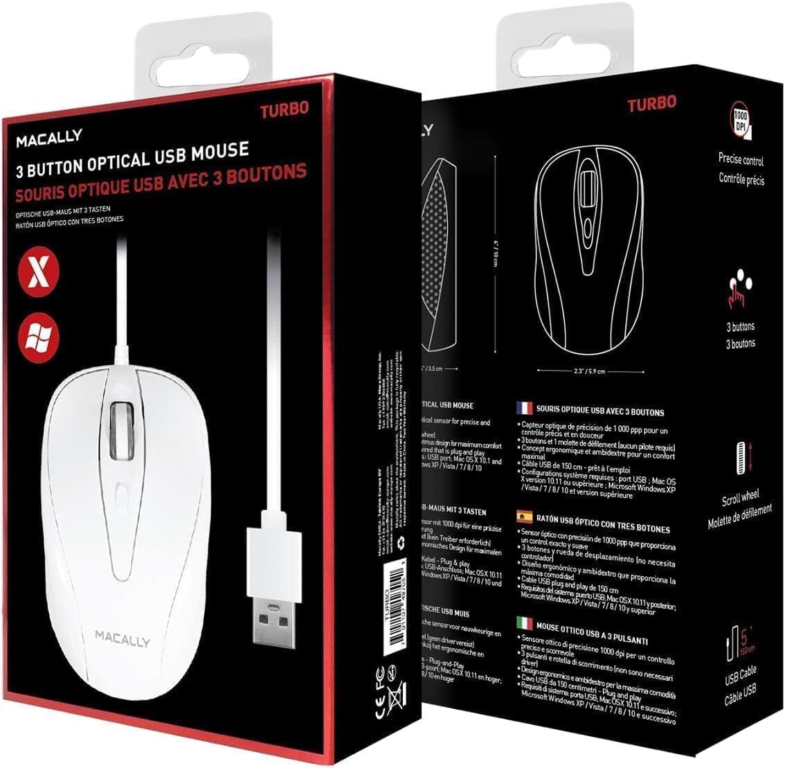**Front Side:**

- MACALLY
- 3 BUTTON OPTICAL USB MOUSE
- SOURIS OPTIQUE USB AVEC 3 BOUTONS
- OPTISCHE USB-MAUS MIT 3 TASTEN
- RATO USB OPTICO CON TRES BOTONES
- RATION USB OPTICO CON TRES BOTONES
- TURBO
- 1000 DPI
- Precise control
- Contrôle précis
- 3 buttons
- 3 boutons
- 3 buttons
- 3 botones
- 3 buttons
- 3 botones
- MACALLY

**Back Side:**

- TURBO
- 1000 DPI
- Precise control
- Contrôle précis
- 3 buttons
- 3 boutons
- 3 buttons
- 3 botones
- 3 buttons
- 3 botones
- TICAL USB MOUSE
- SOURIS OPTIQUE USB AVEC BOUTONS
- OPTISCHE USB-MAUS MIT TASTEN
- RATO USB OPTICO CON BOTONES
- RATION USB OPTICO CON BOTONES
- Optical sensor for precise control
- Capteur optique