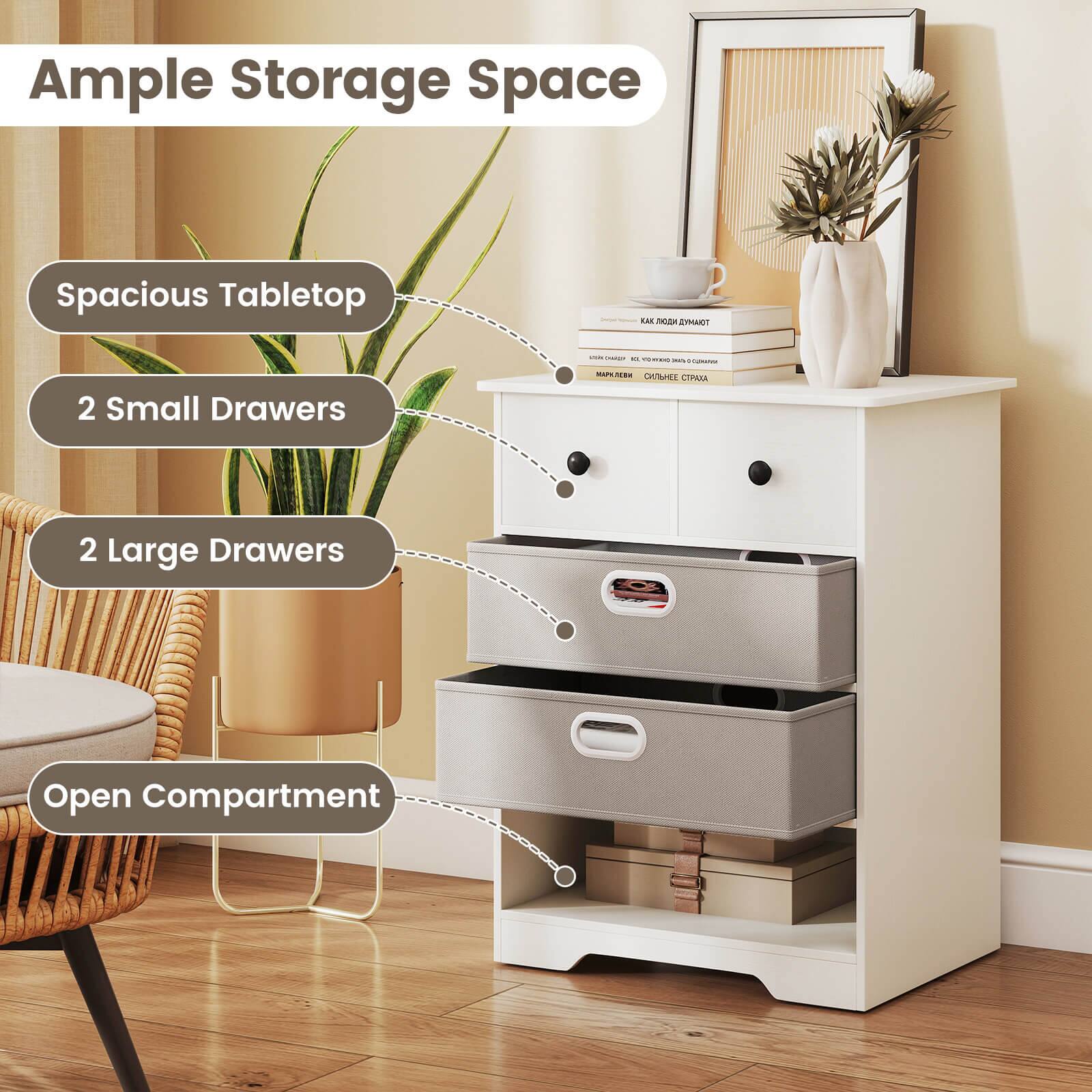 Ample Storage Space, Spacious Tabletop, 2 Small Drawers, 2 Large Drawers, Open Compartment