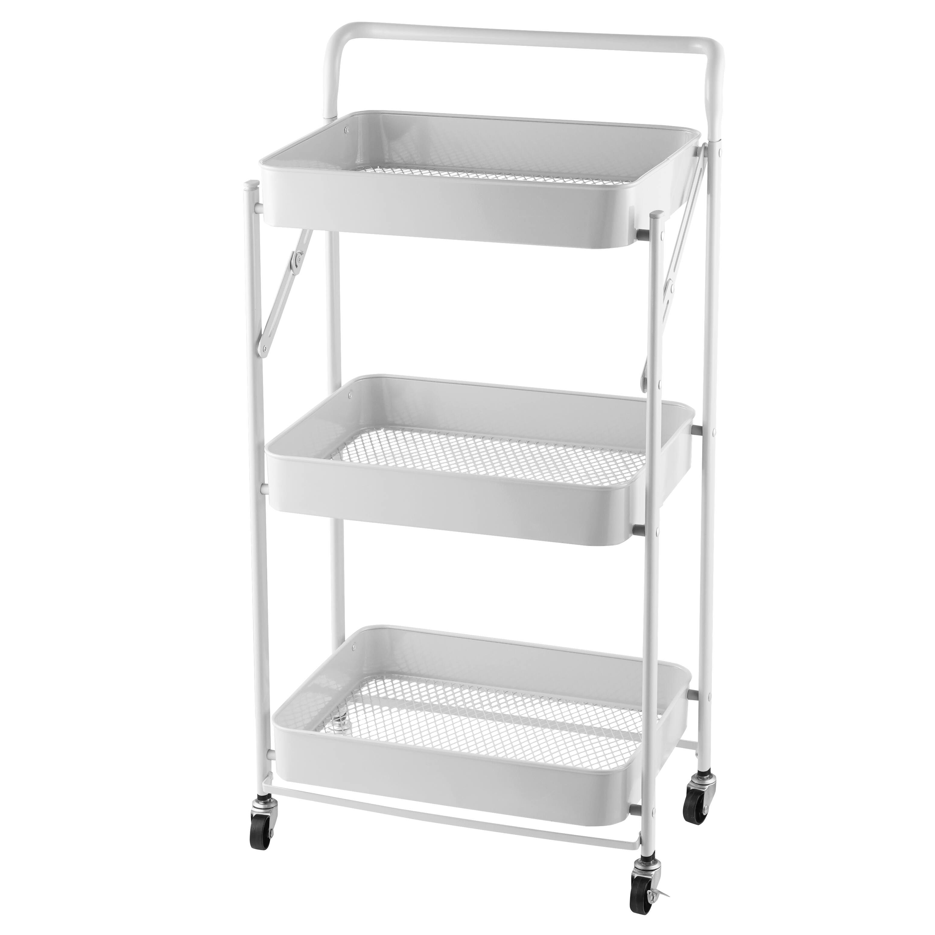 Angle. Malletson - 3-Tier Foldable Rolling Cart, Storage Rack with Handle Multi-Purpose and Locking Wheels for Office, Kitchen, Bathroom - White.