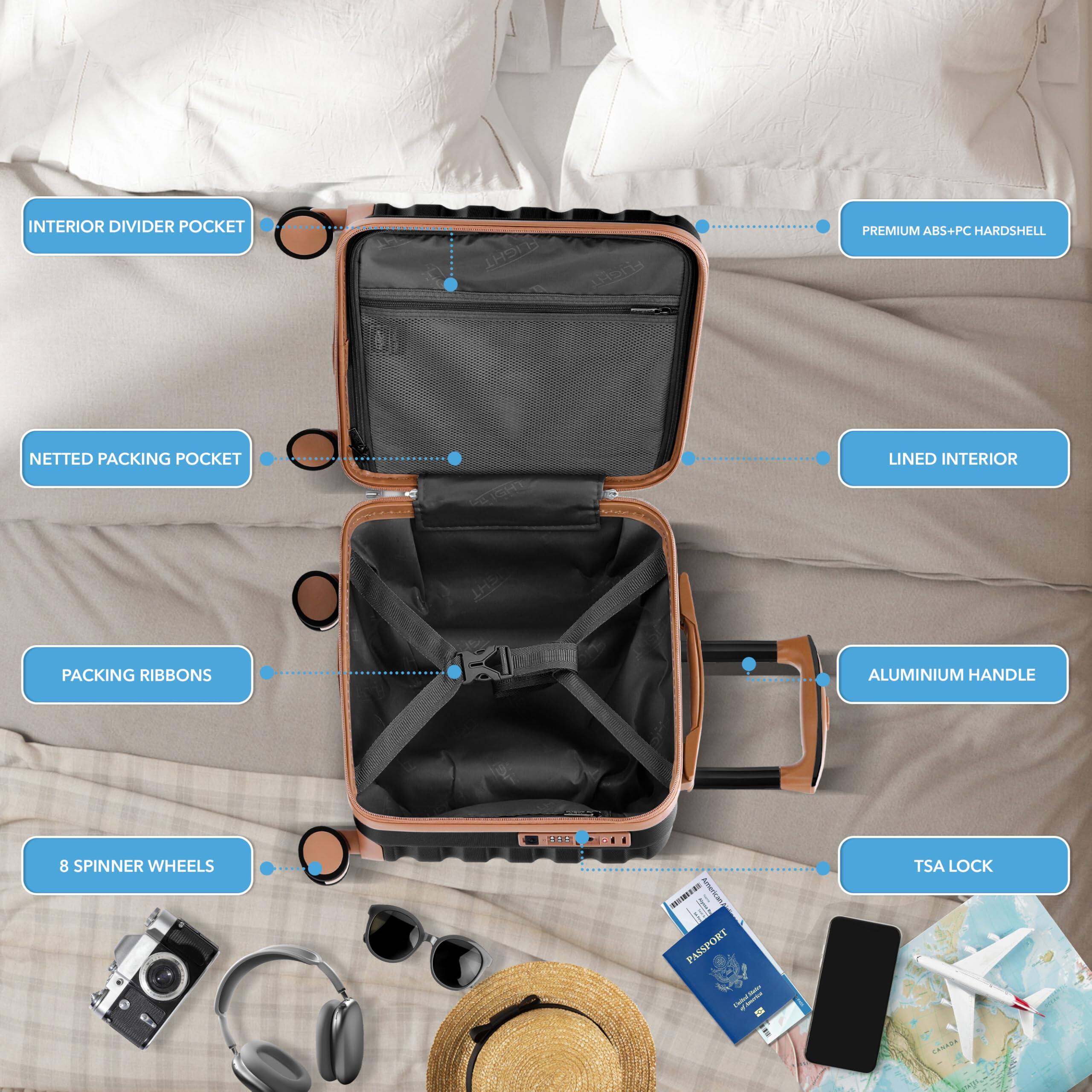 - INTERIOR DIVIDER POCKET
- NETTED PACKING POCKET
- PREMIUM ABS+PC HARD SHELL
- LINED INTERIOR
- PACKING RIBBONS
- 8 SPINNER WHEELS
- ALUMINIUM HANDLE
- TSA LOCK