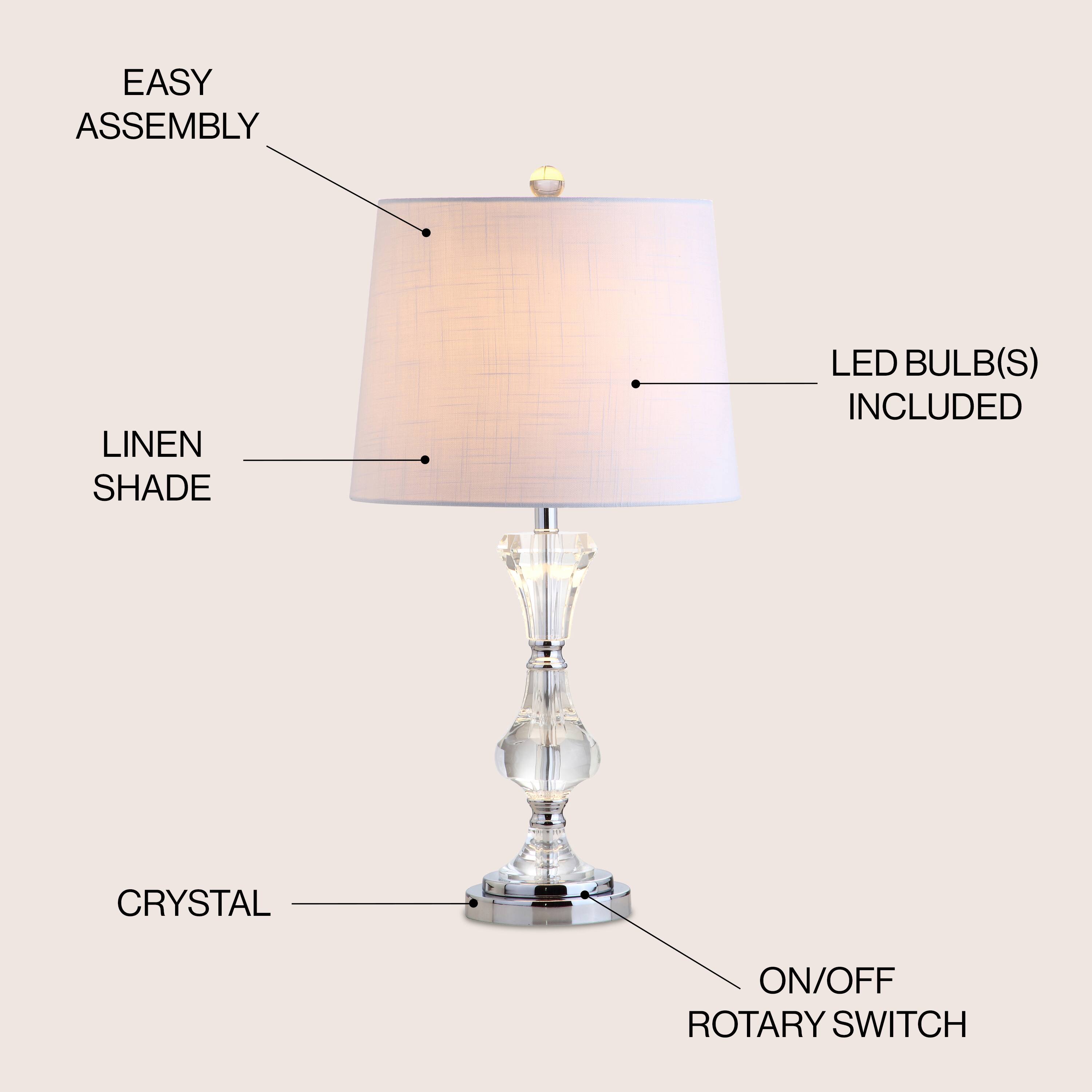 - EASY ASSEMBLY
- LINEN SHADE
- LED BULB(S) INCLUDED
- CRYSTAL
- ON/OFF ROTARY SWITCH