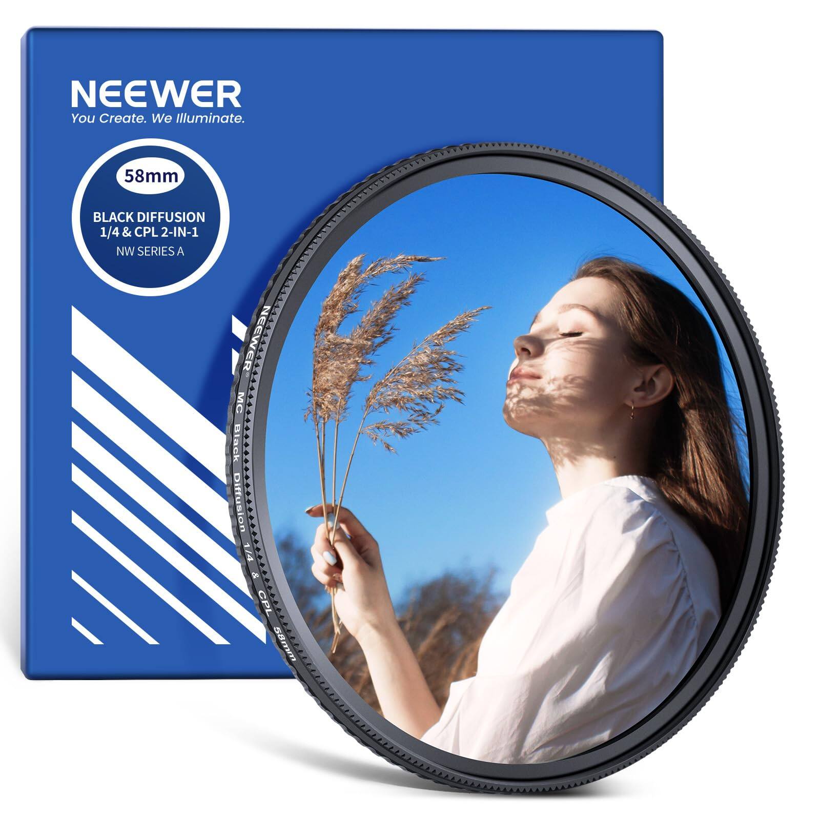 NEEWER
You Create. We Illuminate.
58mm BLACK DIFFUSION 1/4 & CPL 2-IN-1
NW SERIES A
NEEWER
Black Diffusion 1/4 & CPL
58mm