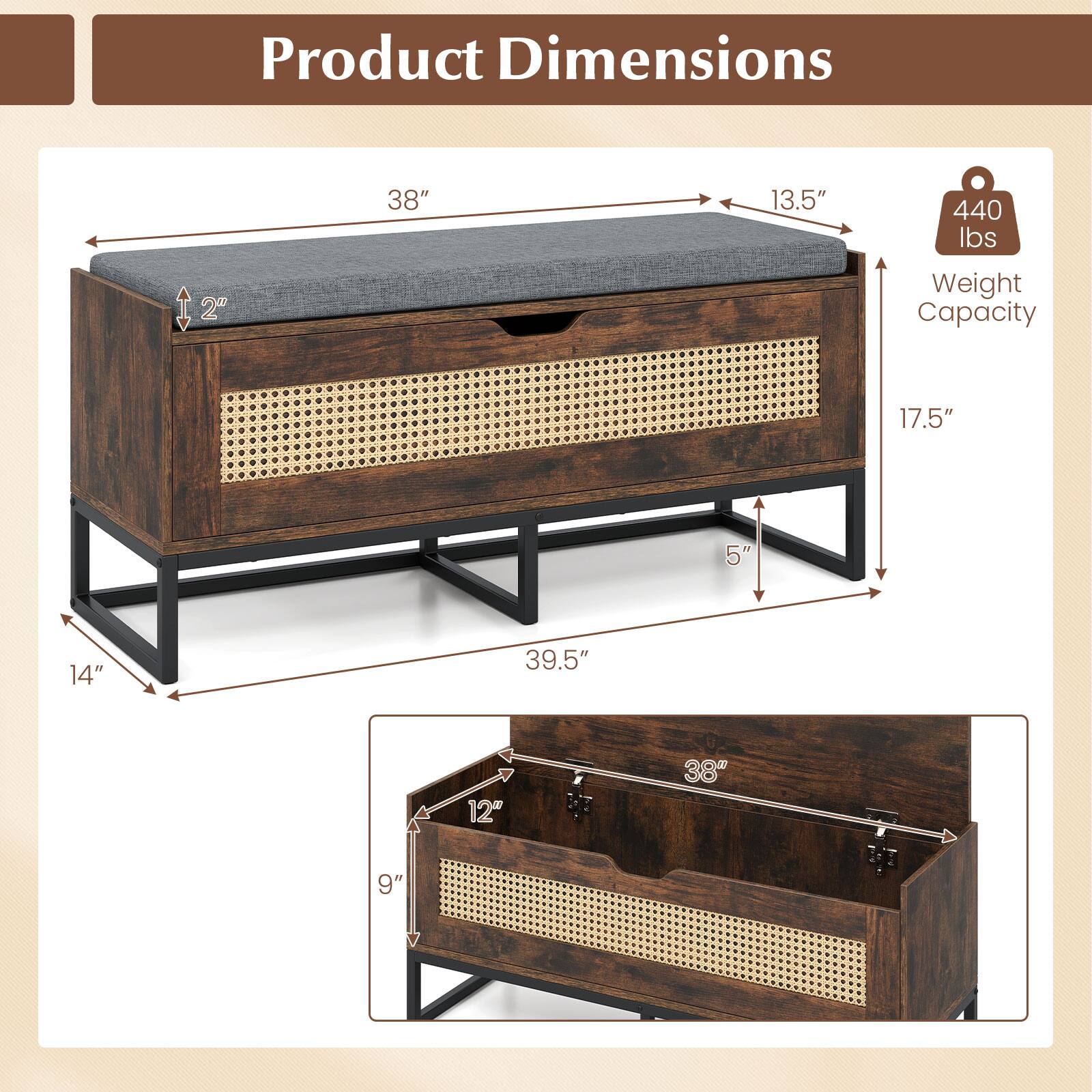 Product Dimensions:  
- Length: 38"  
- Width: 13.5"  
- Height: 17.5"  
- Weight Capacity: 440 lbs  
- Depth: 14"  
- Overall Height: 39.5"  
- Inside Depth: 12"  
- Inside Height: 9"