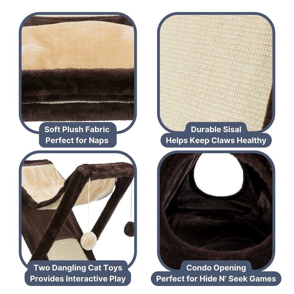 Soft Plush Fabric Perfect for Naps  
Durable Sisal Helps Keep Claws Healthy  
Two Dangling Cat Toys Provides Interactive Play  
Condo Opening Perfect for Hide N' Seek Games