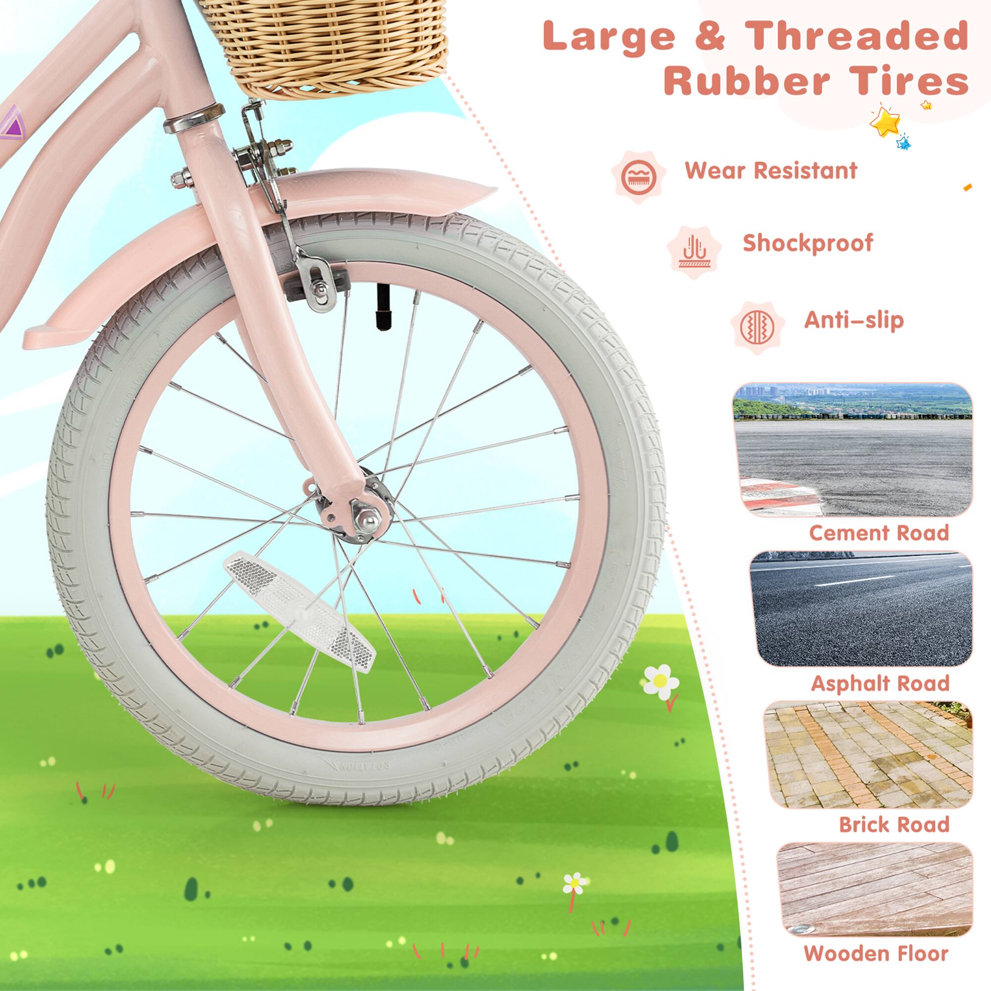 Large & Threaded Rubber Tires

- Wear Resistant
- Shockproof
- Anti-slip

Cement Road  
Asphalt Road  
Brick Road  
Wooden Floor