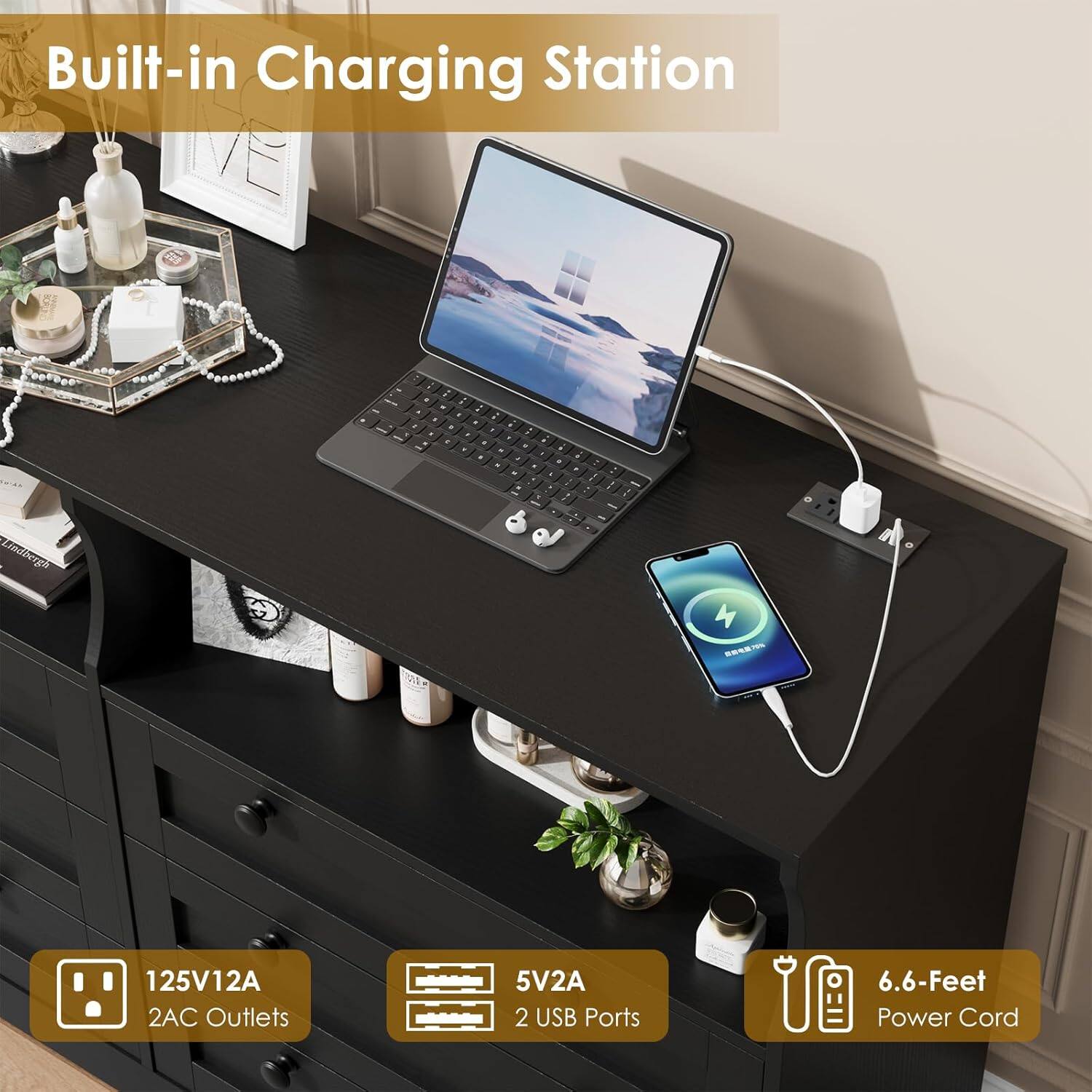Built-in Charging Station

125V12A 2AC Outlets

5V2A 2 USB Ports

6.6-Feet Power Cord