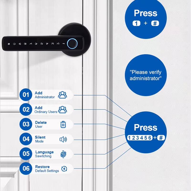Press 1 + # "Please verify administrator"

01 Add Administrator  
02 Add Ordinary Users  
03 Delete User  
04 Silent Mode  
05 Language Switching  
06 Restore Default Settings  

Press 123456 + #