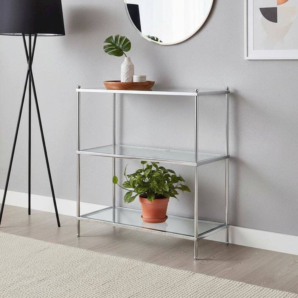Alt View 2. FurniFact - 3 Tier Bookcase, Chrome, Glass Shelves - Chrome.