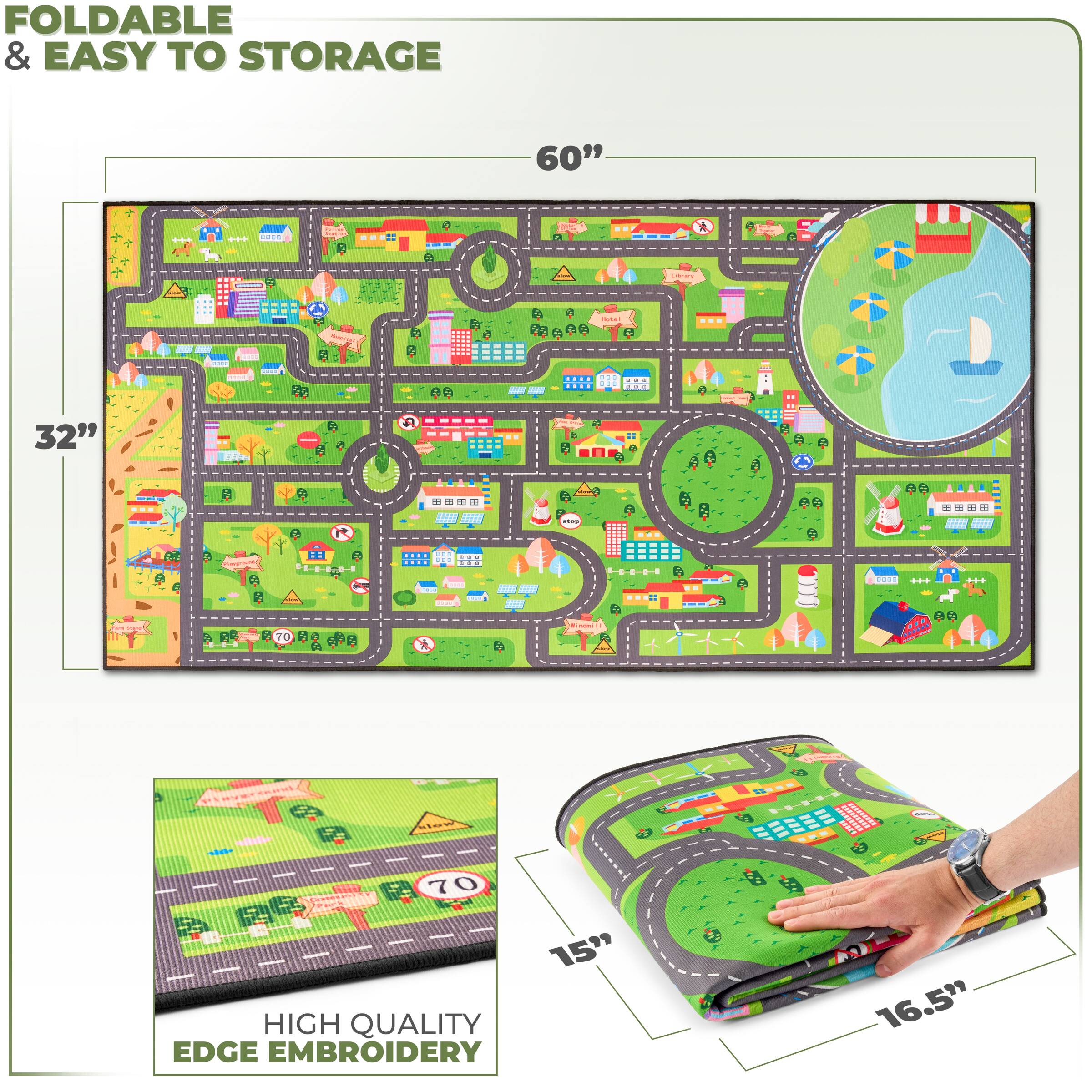 FOLDABLE & EASY TO STORAGE

60" x 32"

HIGH QUALITY EDGE EMBROIDERY

15" x 16.5"