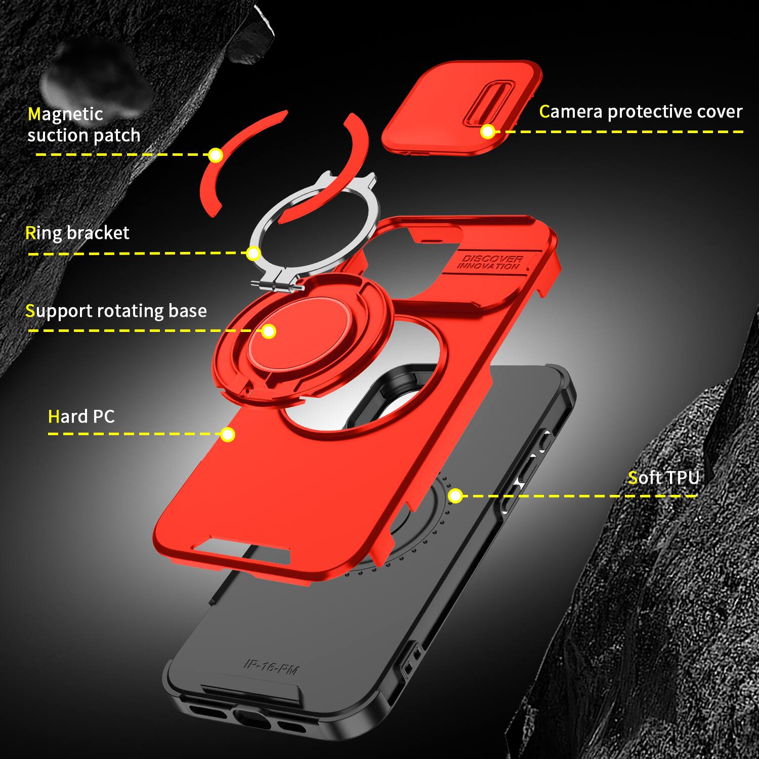 Magnetic suction patch  
Camera protective cover  
Ring bracket  
DISCOVER INNOVATION  
Support rotating base  
Hard PC  
Soft TPU  
IP-16-PM