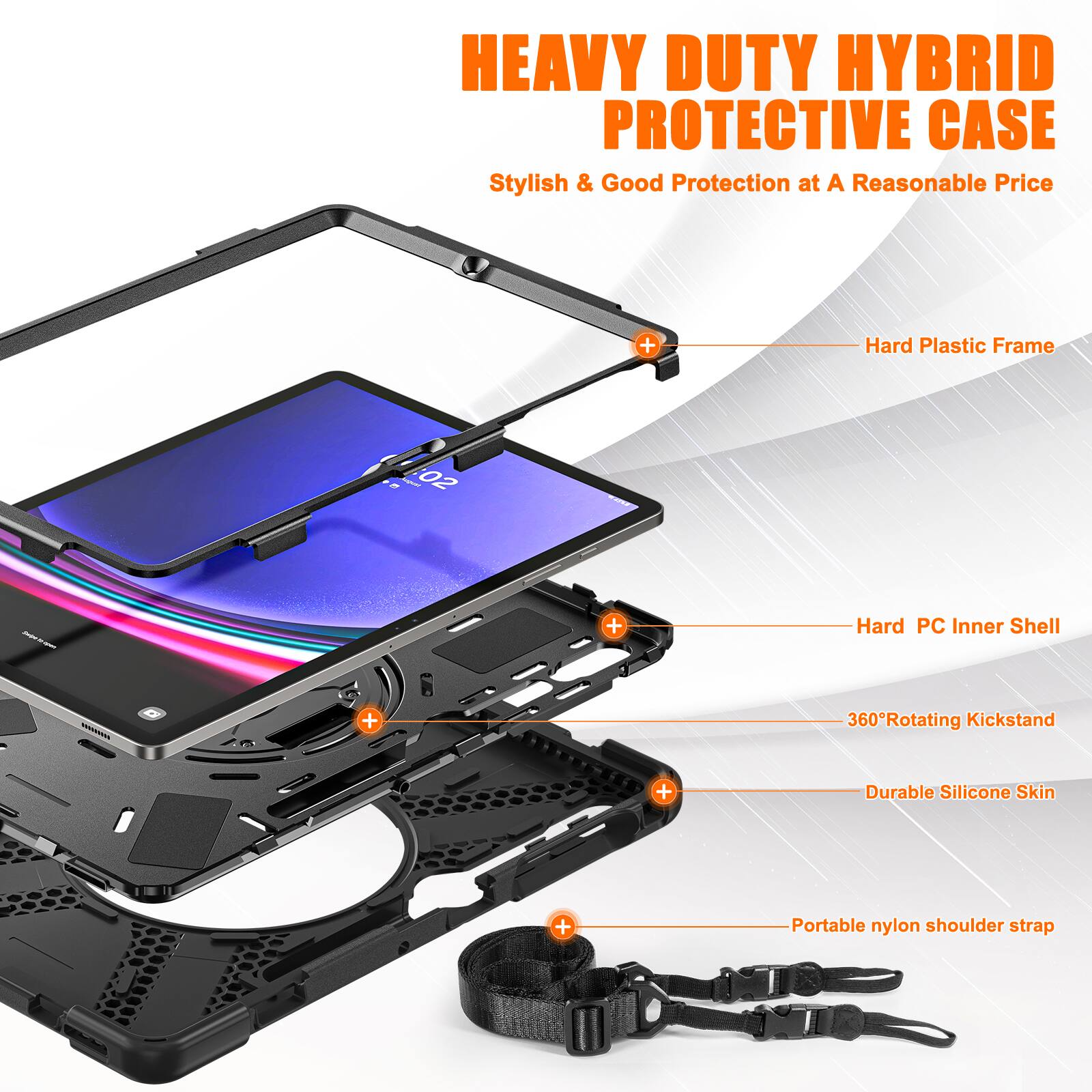 HEAVY DUTY HYBRID PROTECTIVE CASE

Stylish & Good Protection at A Reasonable Price

- Hard Plastic Frame
- Hard PC Inner Shell
- 360° Rotating Kickstand
- Durable Silicone Skin
- Portable nylon shoulder strap