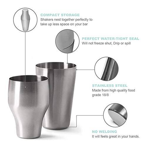 COMPACT STORAGE  
Shakers nest together perfectly to take up less space on your bar.

PERFECT WATER-TIGHT SEAL  
Will not freeze shut, Drip or spill.

STAINLESS STEEL  
Made from high quality food grade 18/8.

NO WELDING  
It will feel great in your hands.