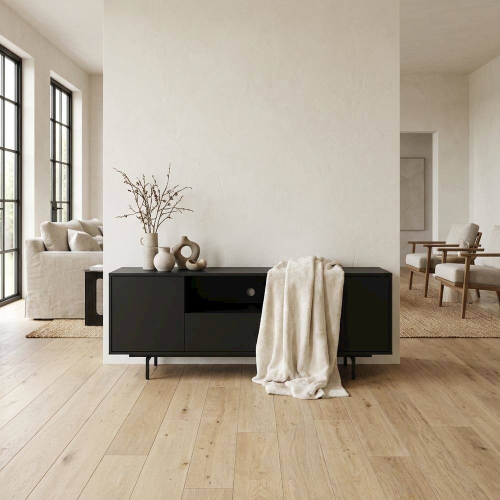 Left. FurniFact - Black Laminate TV Console with 3 Doors and Modern Design - Black.