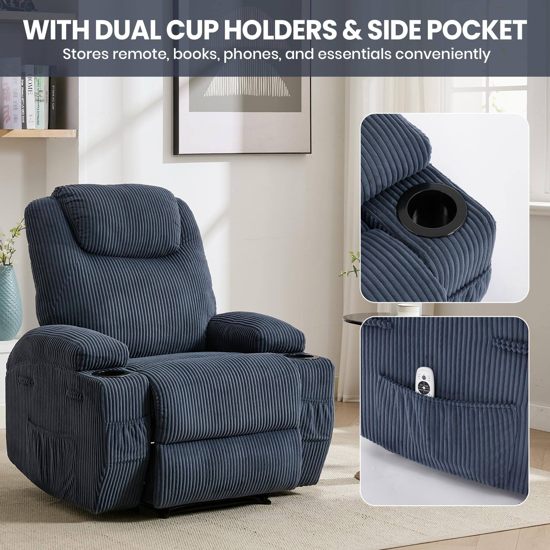 WITH DUAL CUP HOLDERS & SIDE POCKET  
Stores remote, books, phones, and essentials conveniently