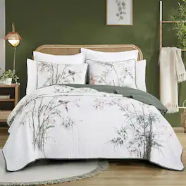 MarCielo - 3 Piece Lightweight Quilt Bedspread Set Reversible Floral Botanical - Green Bamboo