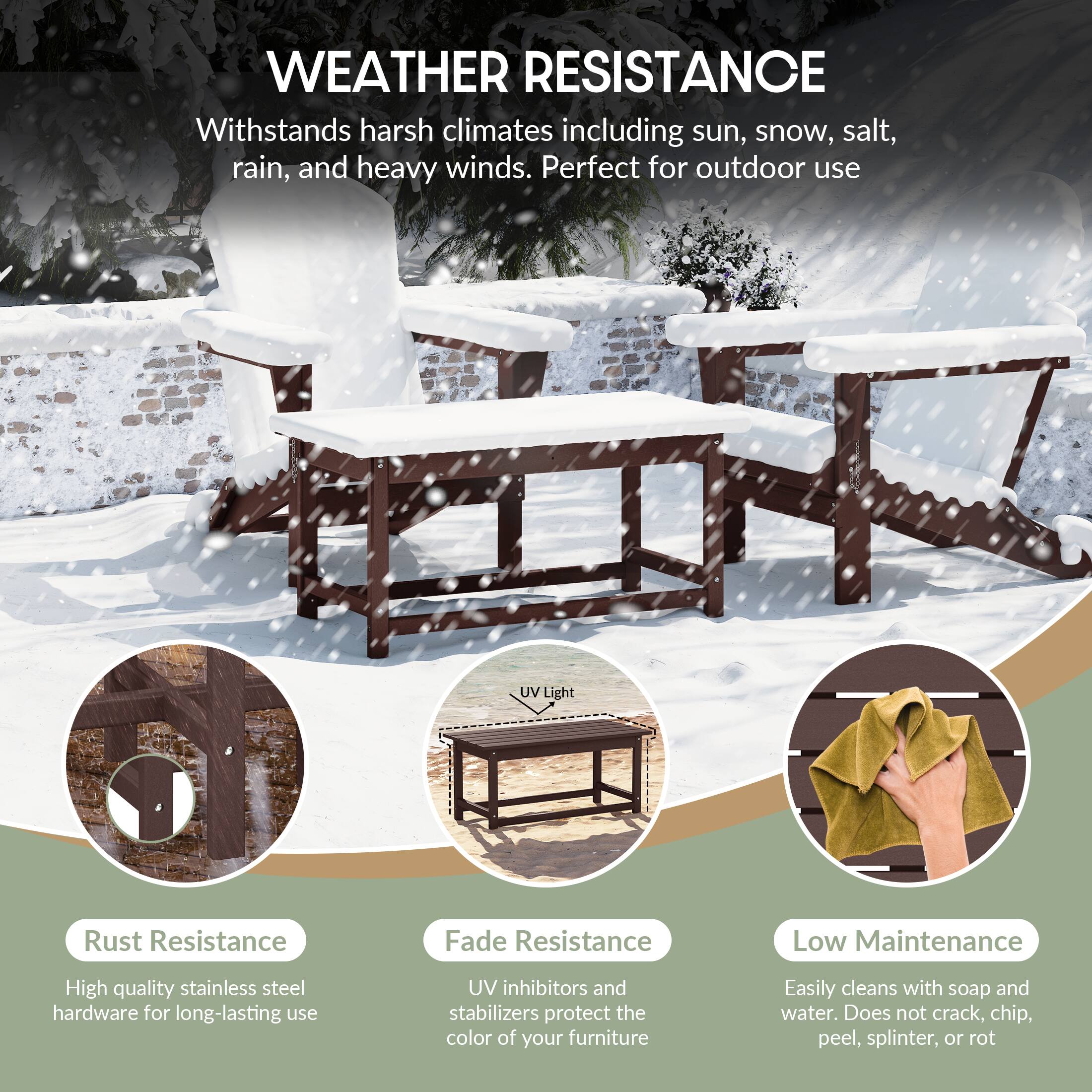WEATHER RESISTANCE  
Withstands harsh climates including sun, snow, salt, rain, and heavy winds. Perfect for outdoor use.

- Rust Resistance  
  High quality stainless steel hardware for long-lasting use

- Fade Resistance  
  UV inhibitors and stabilizers protect the color of your furniture

- Low Maintenance  
  Easily cleans with soap and water. Does not crack, chip, peel, splinter, or rot