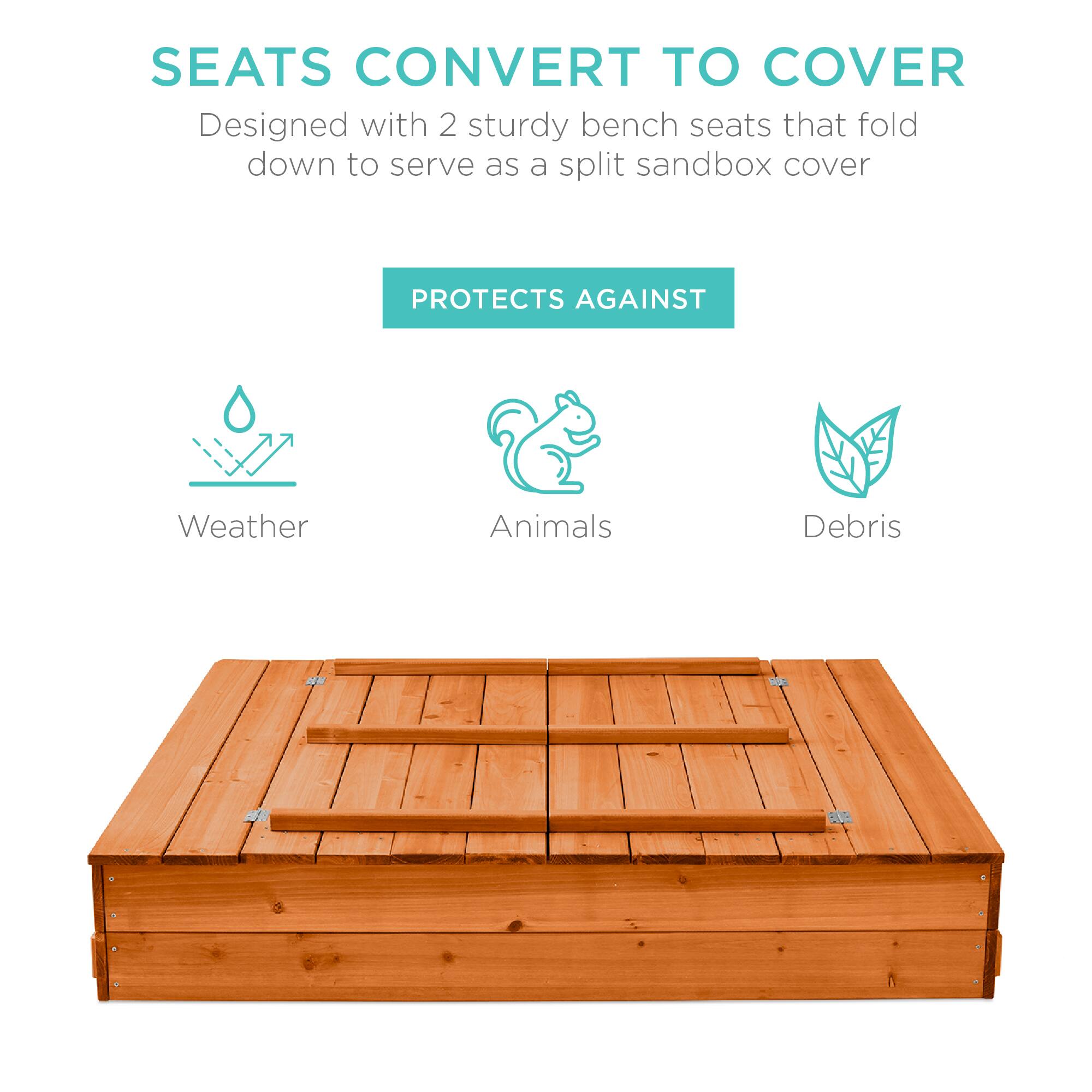 SEATS CONVERT TO COVER

Designed with 2 sturdy bench seats that fold down to serve as a split sandbox cover.

PROTECTS AGAINST

- Weather
- Animals
- Debris
