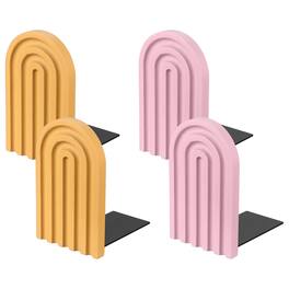 Unique Bargains - 4pcs Boho Arch Bookends, Non-Skid Wood Book Ends Rainbow Wooden, for Shelves Book Stopper Stand, for Home Library Decor - Pink/Yellow