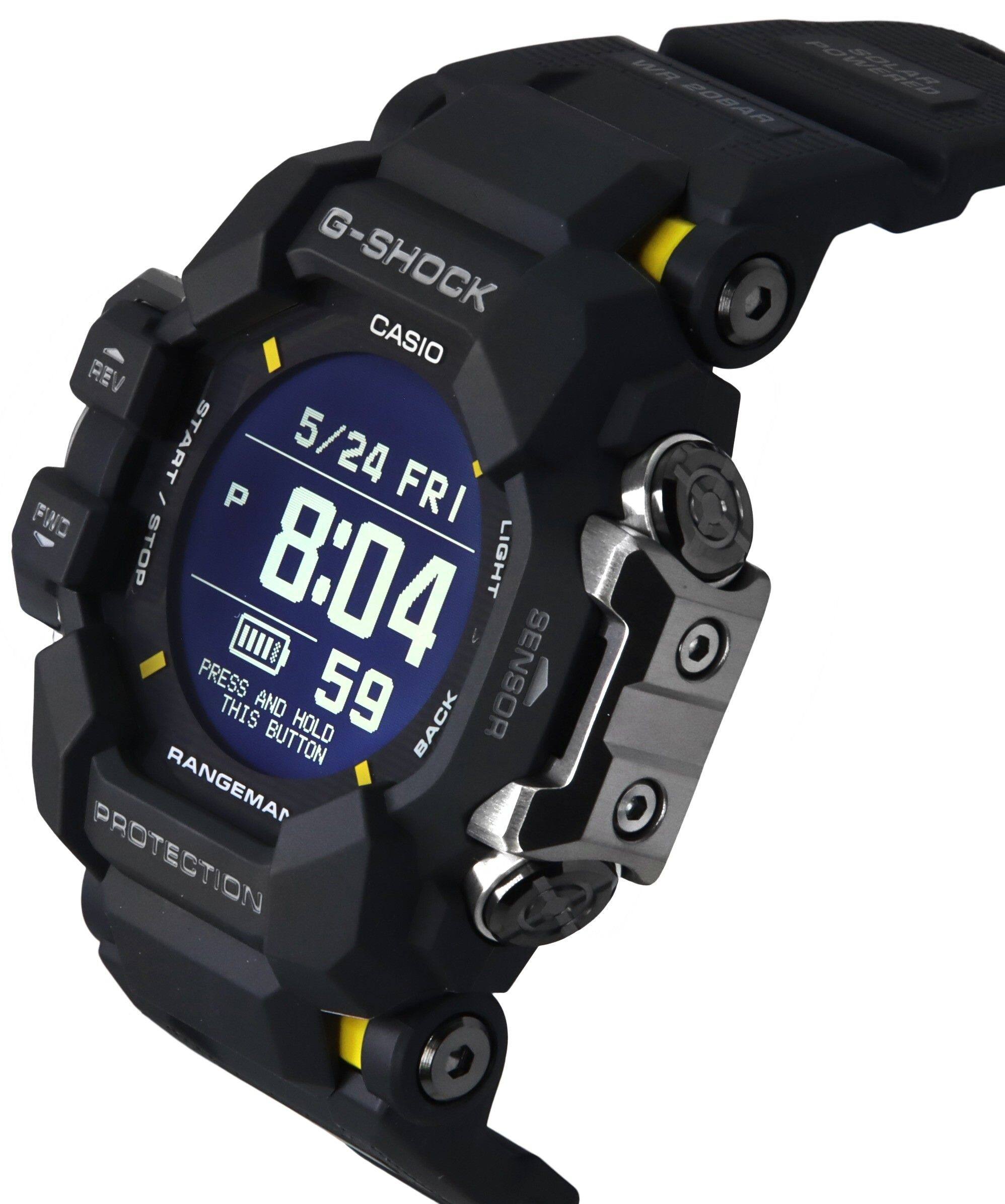 G-SHOCK CASIO REV START 5/24 FWD I P FRI STOP 8:04 LIGHT IIII PRESS THIS AND BUTTON HOLD 59 BACK SENSOR RANGEMAN PROTECTION WR PROTECTOR